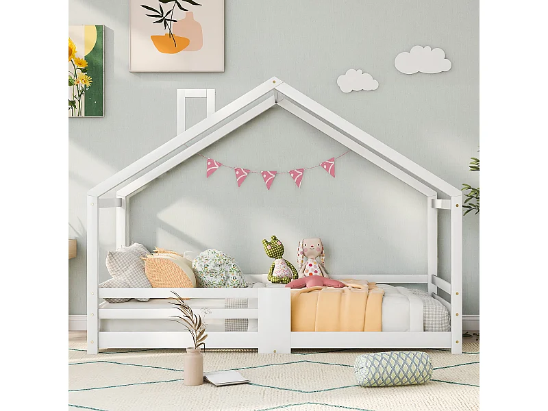 Lit cabane enfant 90x200 cm avec cheminée - Sommier robuste en pin - Blanc (sans matelas)