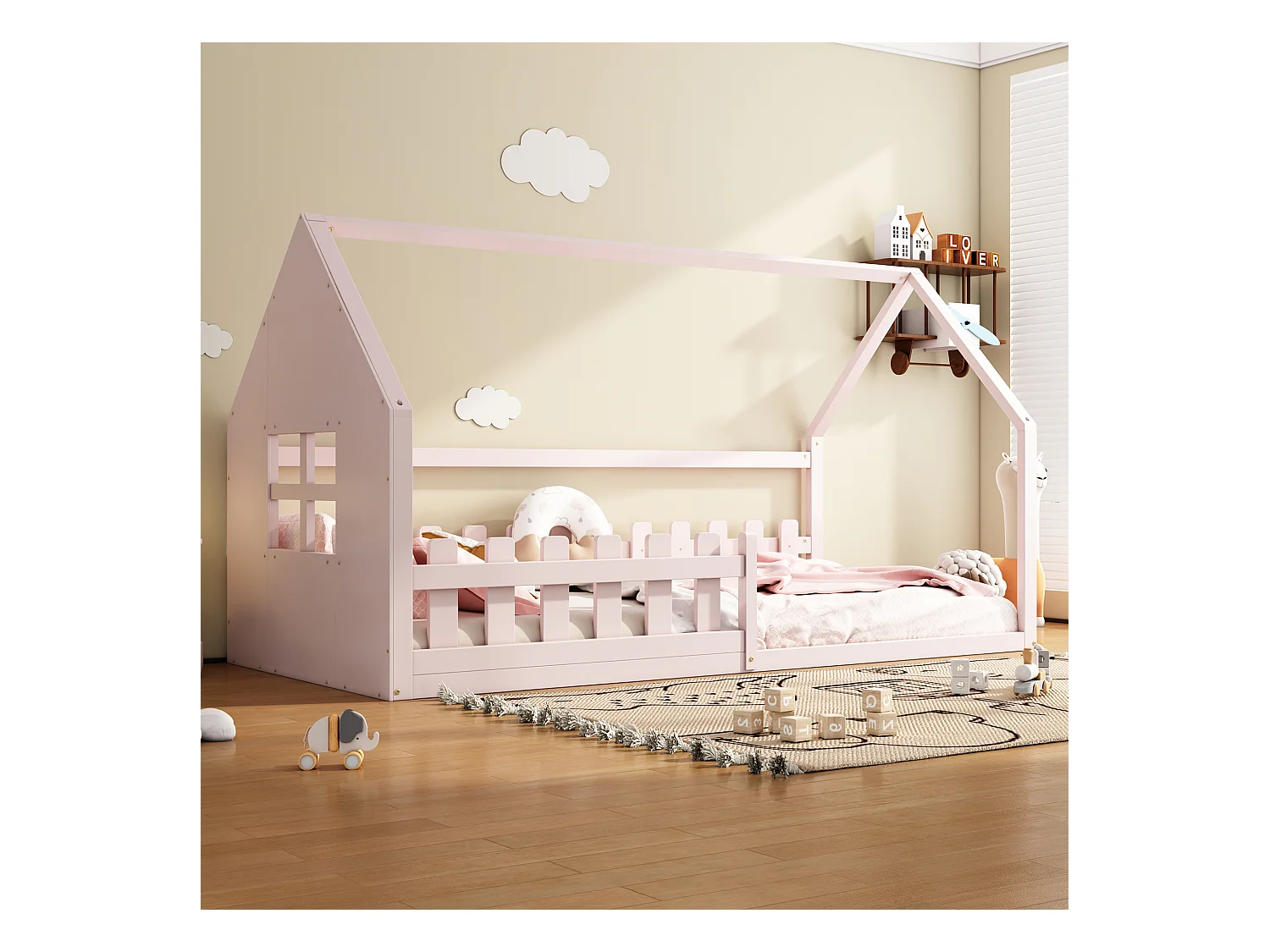 Lit cabane enfant 90x200 cm avec barreaux - Rose(sans matelas)