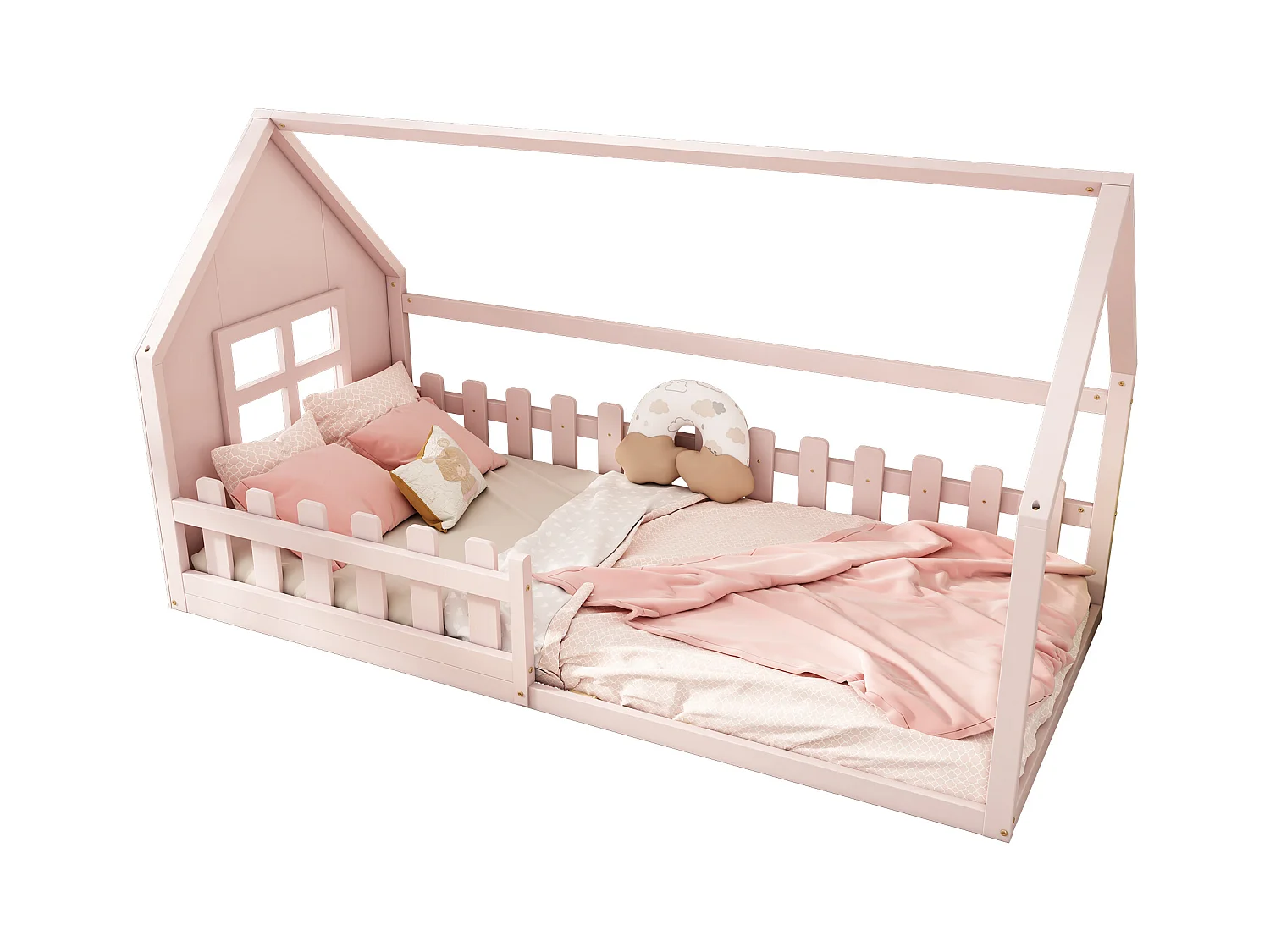 Lit cabane enfant 90x200 cm avec barreaux - Rose(sans matelas)