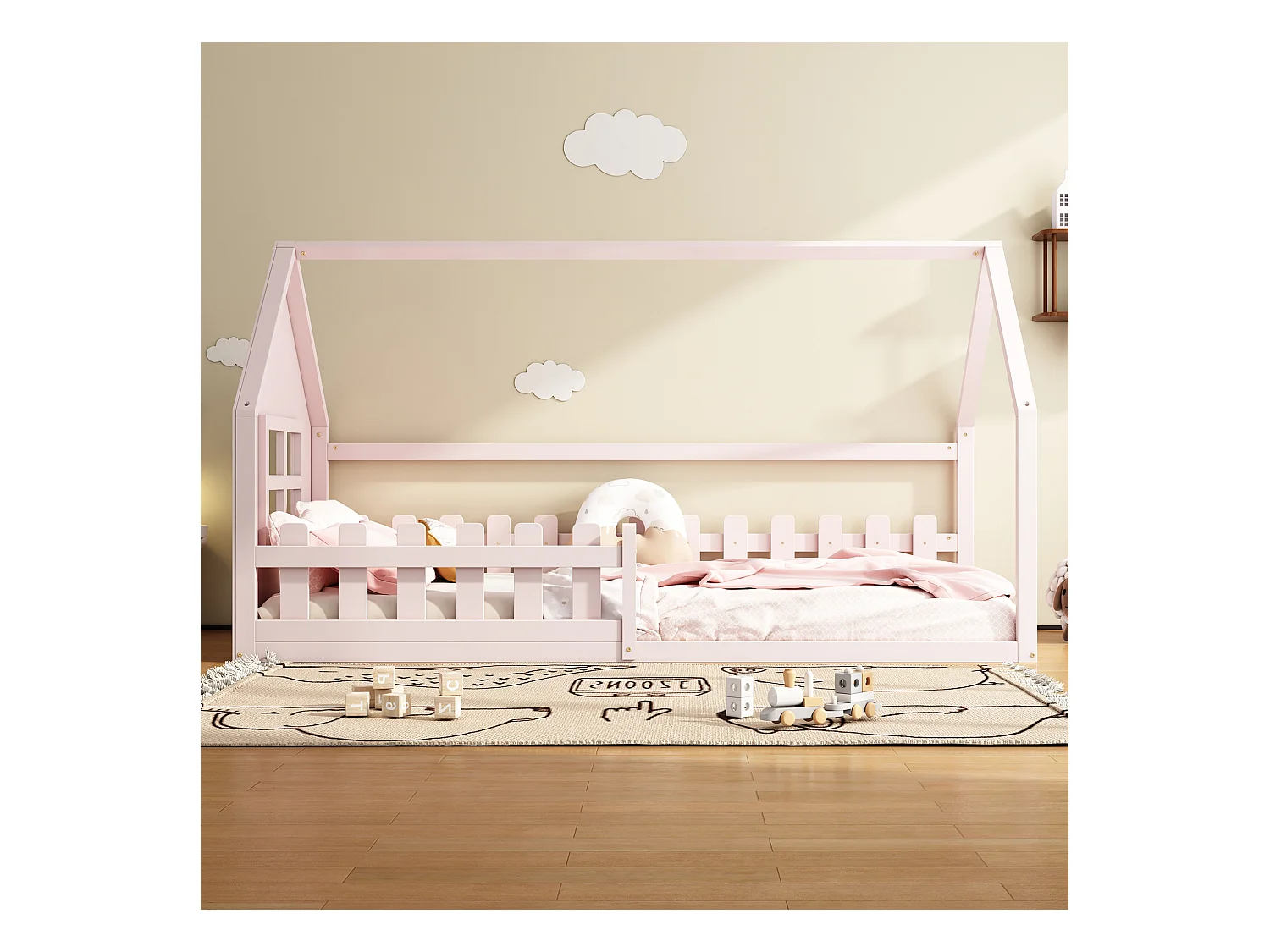 Lit cabane enfant 90x200 cm avec barreaux - Rose(sans matelas)