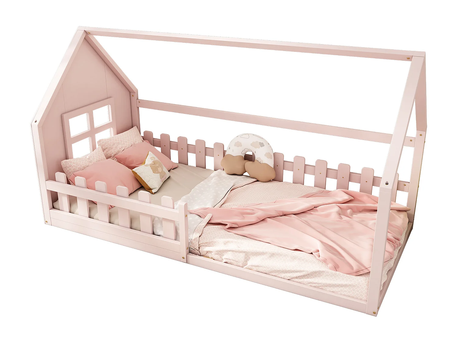 Lit cabane enfant 90x200 cm avec barreaux - Rose(sans matelas)