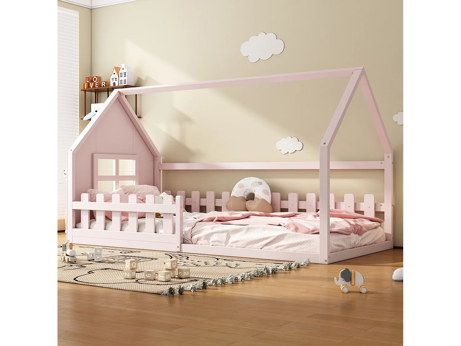 Lit cabane enfant 90x200 cm avec barreaux - Rose(sans matelas)