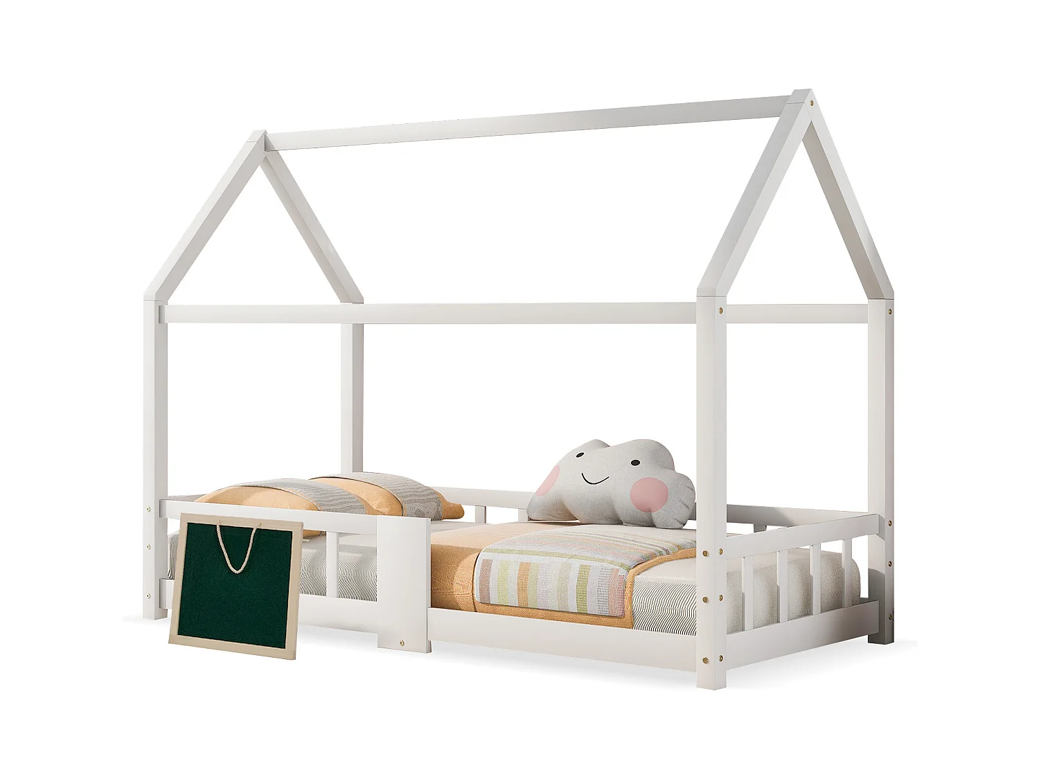 Lit cabane enfant 90x200 cm - barrière de Sécurité intégrée,cadre en bois, Blanc (sans matelas)