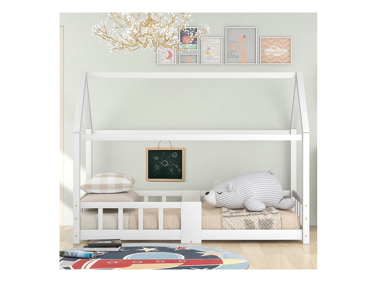 Lit cabane enfant 90x200 cm - barrière de Sécurité intégrée,cadre en bois, Blanc (sans matelas)