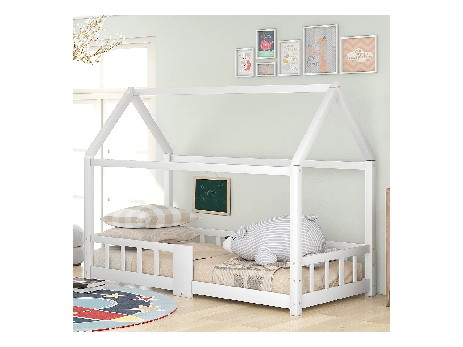 Lit cabane enfant 90x200 cm - barrière de Sécurité intégrée,cadre en bois, Blanc (sans matelas)