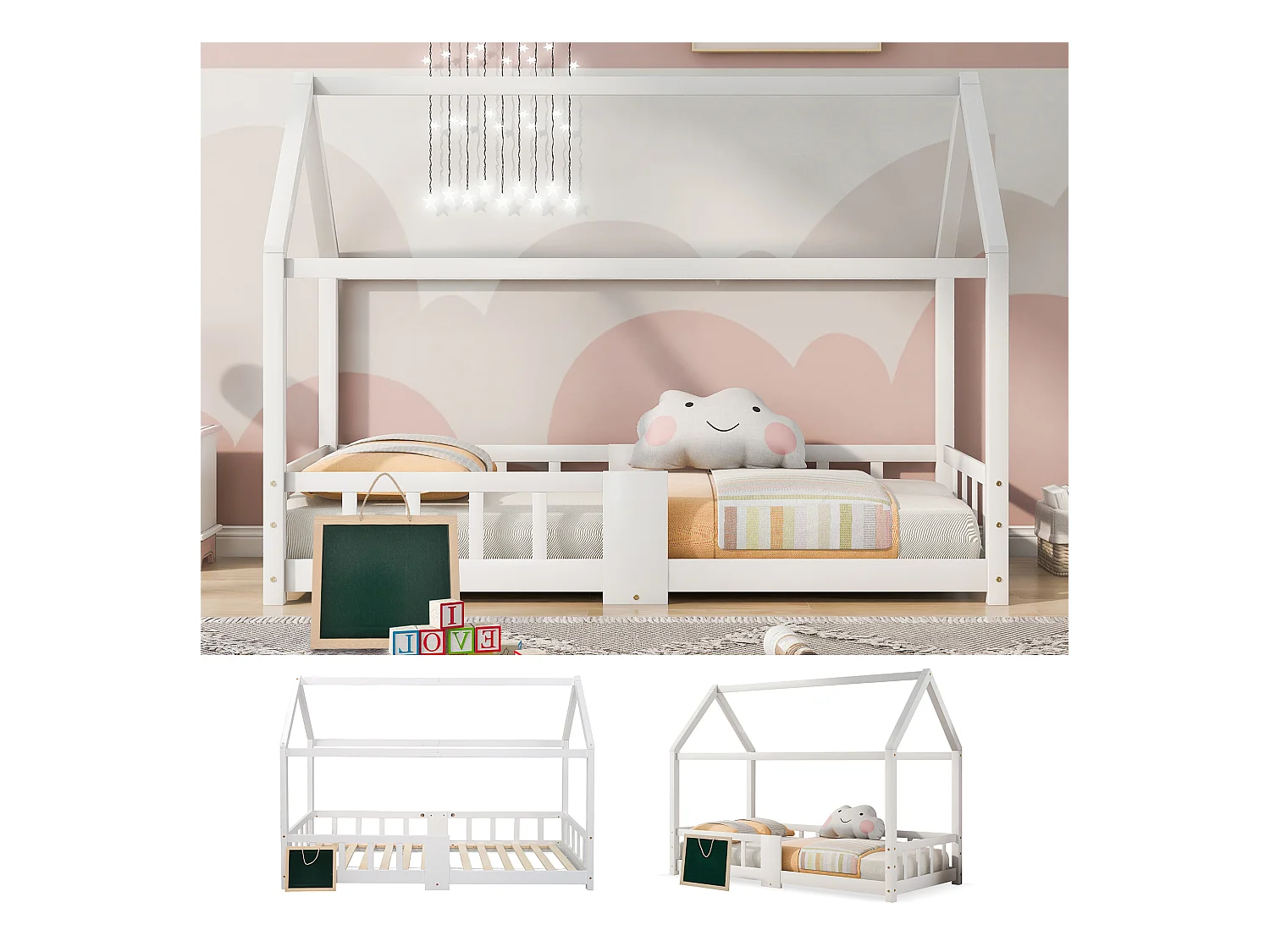 Lit cabane enfant 90x200 cm - barrière de Sécurité intégrée,cadre en bois, Blanc (sans matelas)