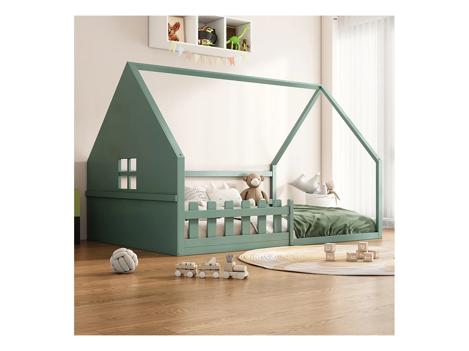Lit cabane enfant 140x200 cm, avec barrières de sécurité, structure en pin – Vert(sans matelas)