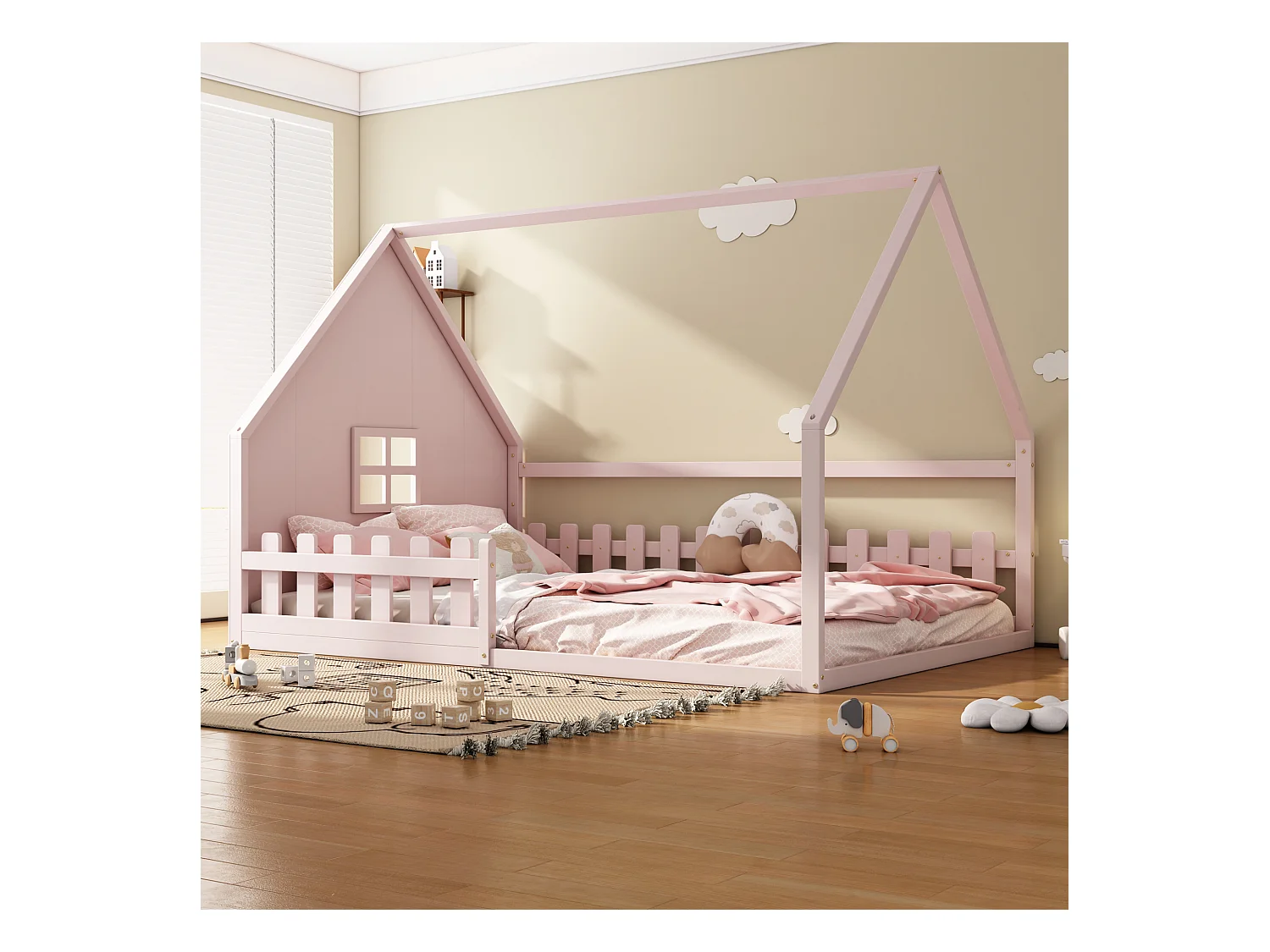 Lit cabane pour enfant 140x200 cm avec barrières de sécurité, rose(sans matelas)