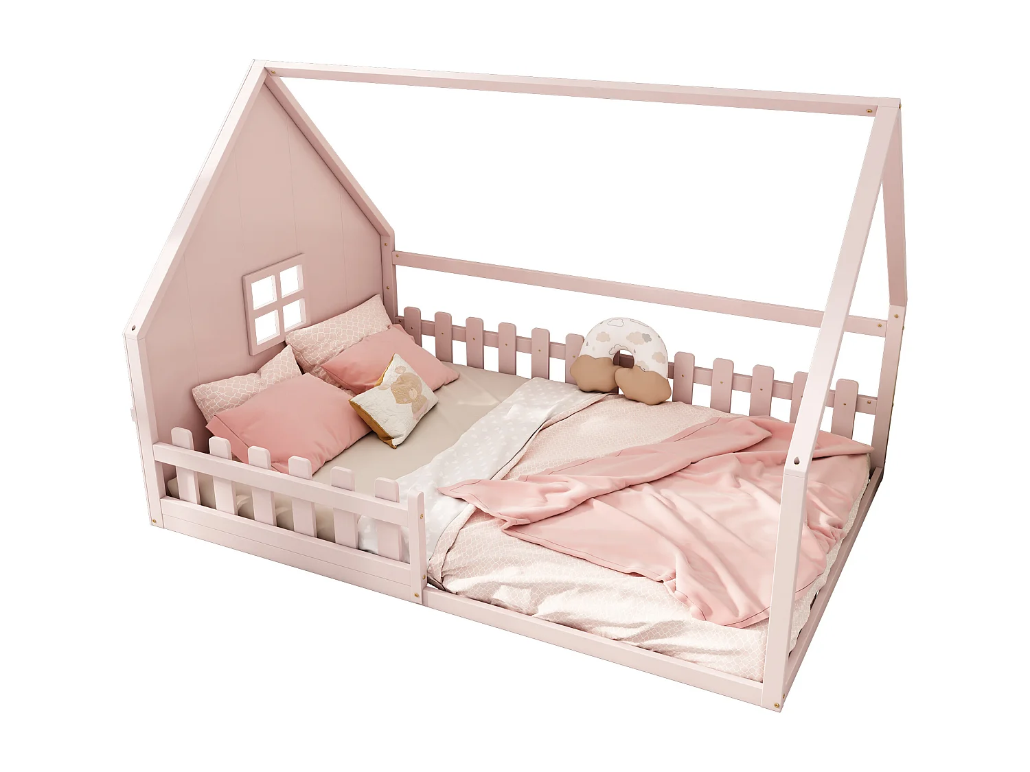 Lit cabane pour enfant 140x200 cm avec barrières de sécurité, rose(sans matelas)