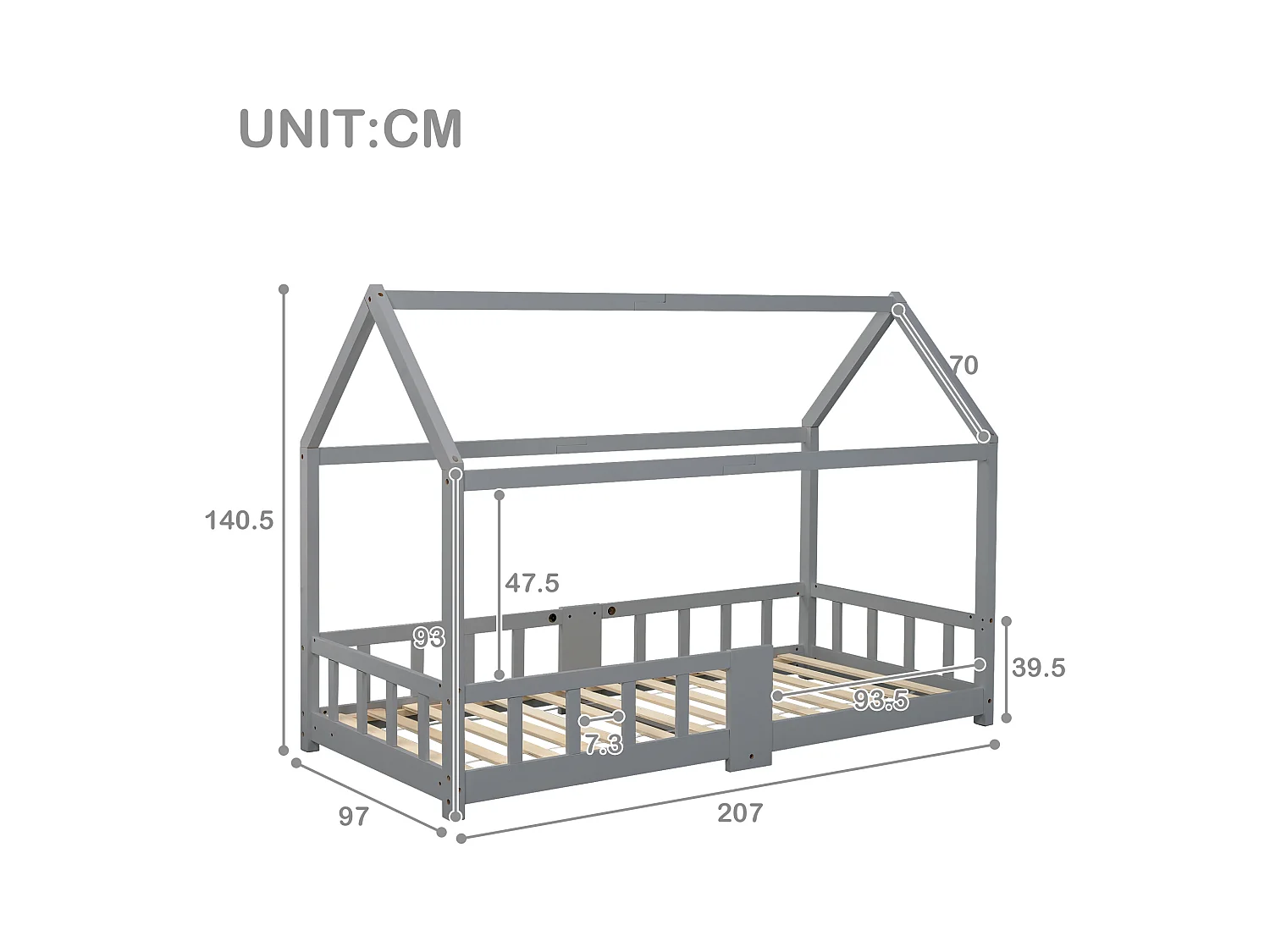 Lit cabane enfant 90x200 cm avec tableau - Protection contre les chutes - Pin, gris (sans matelas)