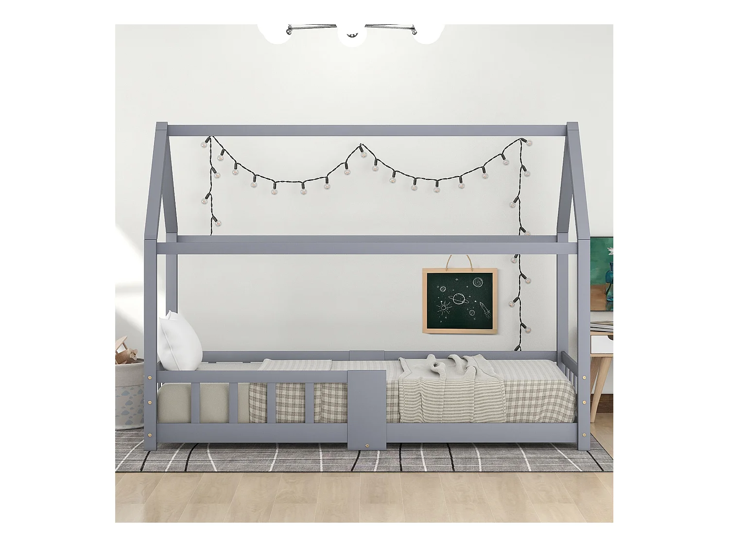 Lit cabane enfant 90x200 cm avec tableau - Protection contre les chutes - Pin, gris (sans matelas)