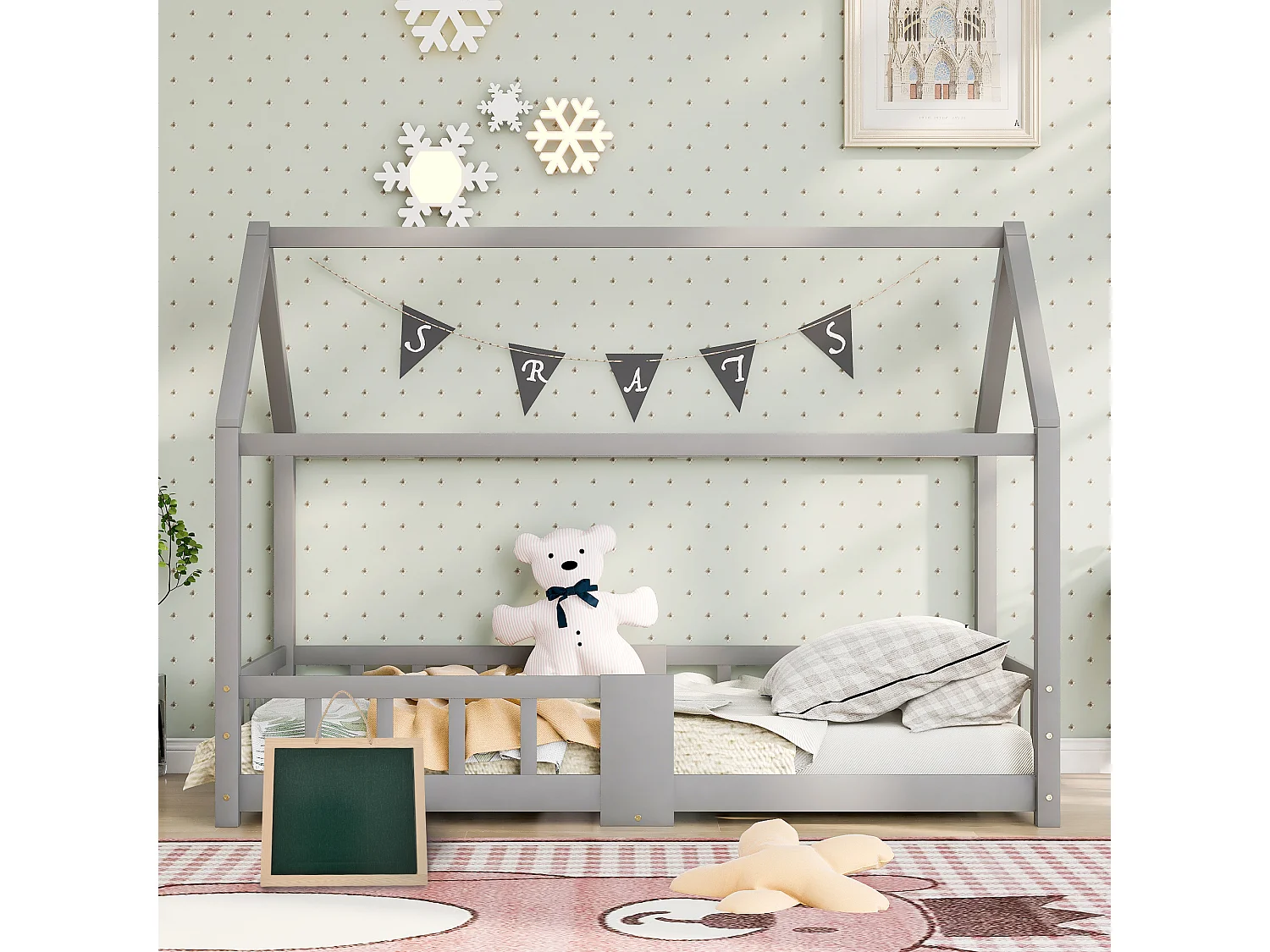 Lit cabane enfant 90x200 cm avec tableau - Protection contre les chutes - Pin, gris (sans matelas)