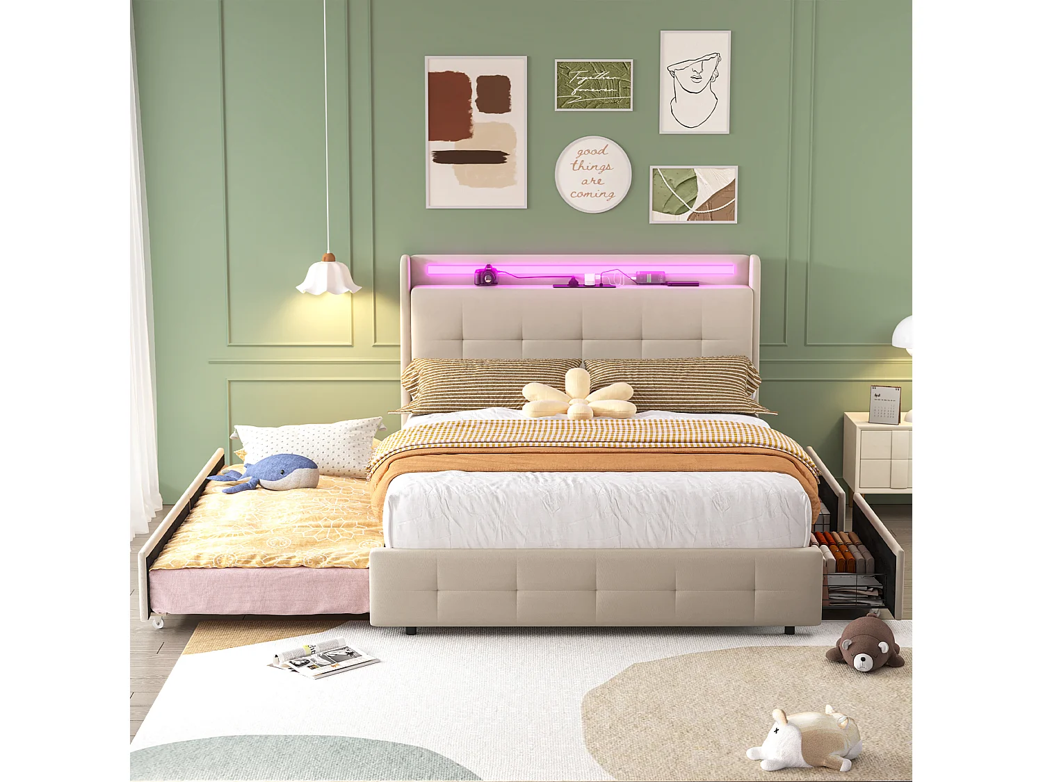 Lit double 140x200 cm en beige avec lit gigogne, USB, LED, 2 tiroirs et sommier à lattes, sans matelas