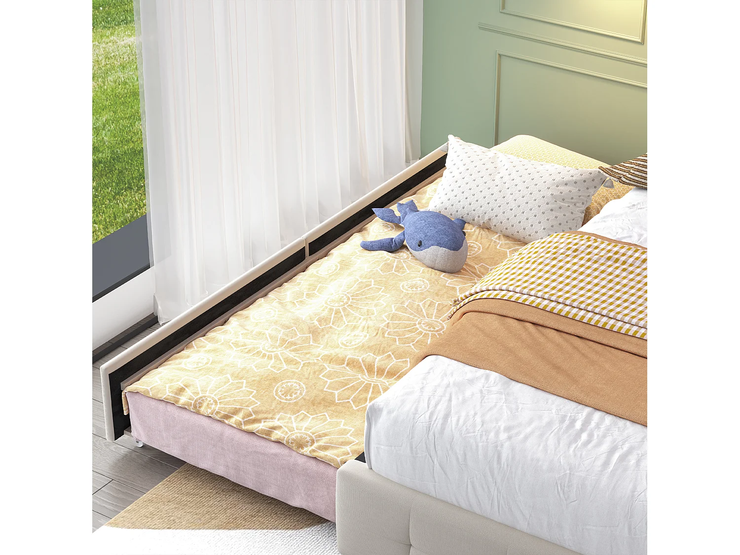 Lit double 140x200 cm en beige avec lit gigogne, USB, LED, 2 tiroirs et sommier à lattes, sans matelas