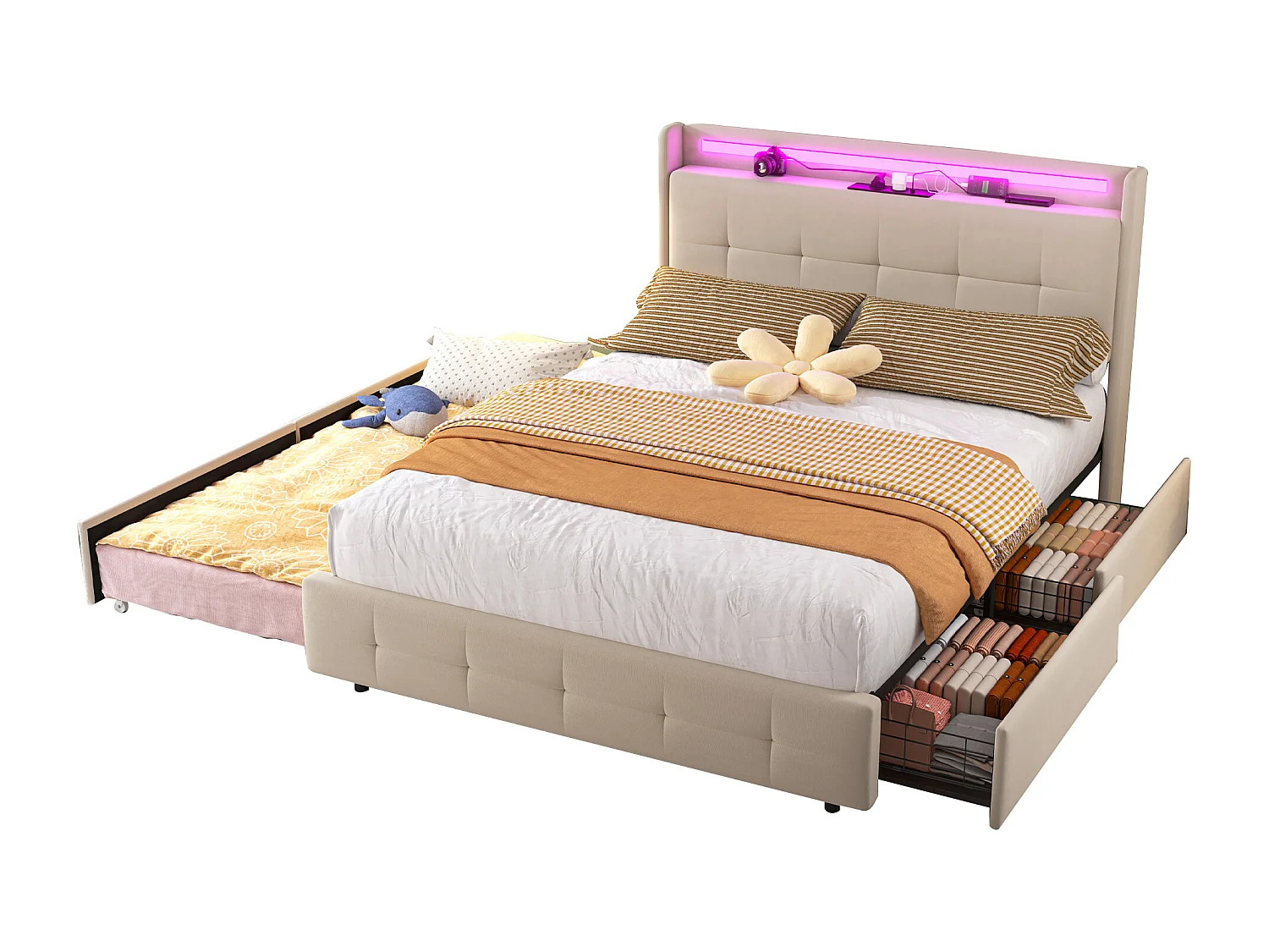 Lit double 140x200 cm en beige avec lit gigogne, USB, LED, 2 tiroirs et sommier à lattes, sans matelas