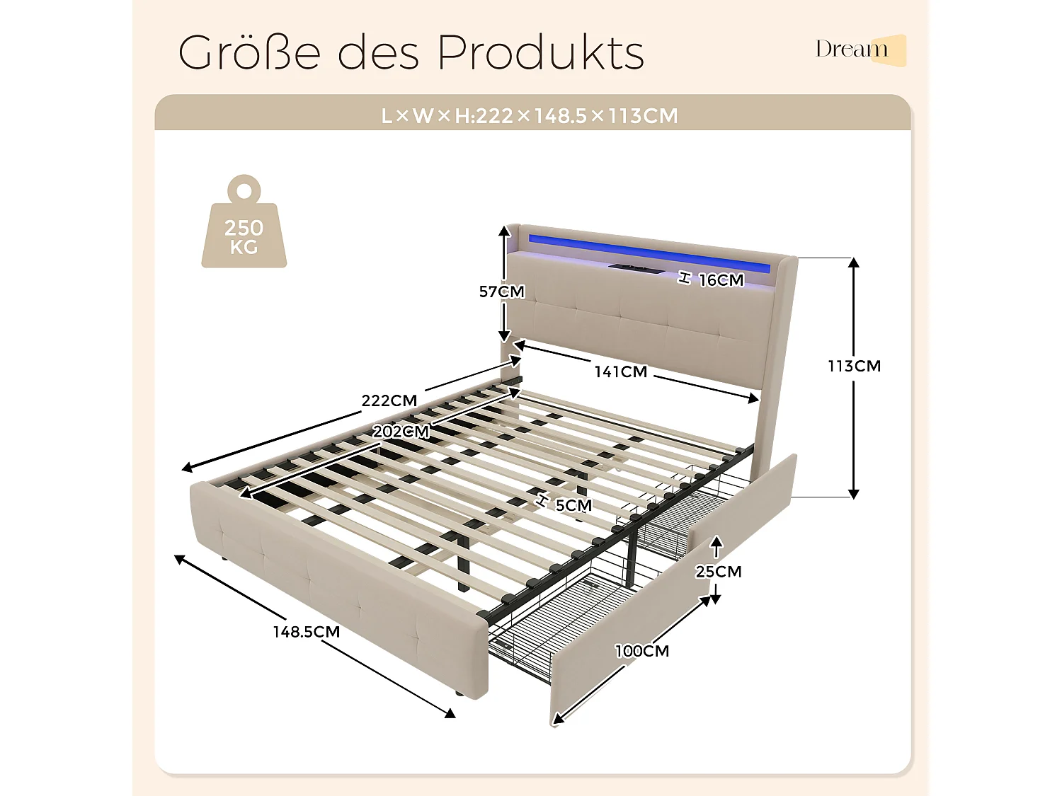 Lit double 140x200 cm en beige avec lit gigogne, USB, LED, 2 tiroirs et sommier à lattes, sans matelas