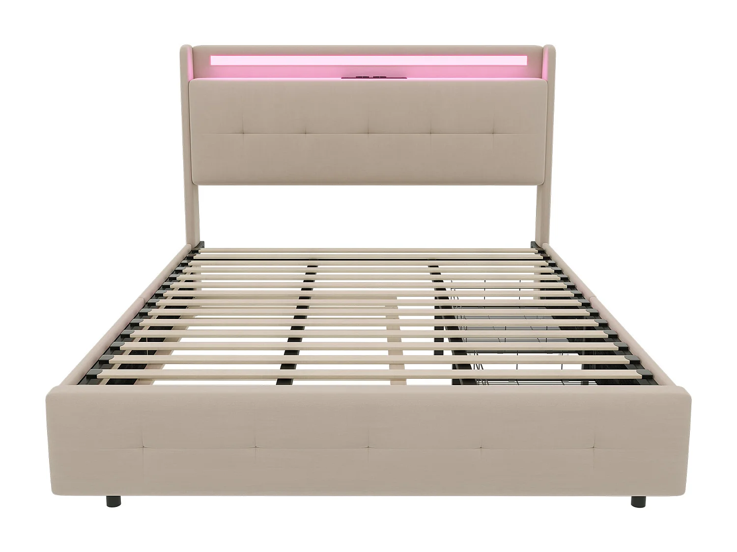 Lit double 140x200 cm en beige avec lit gigogne, USB, LED, 2 tiroirs et sommier à lattes, sans matelas