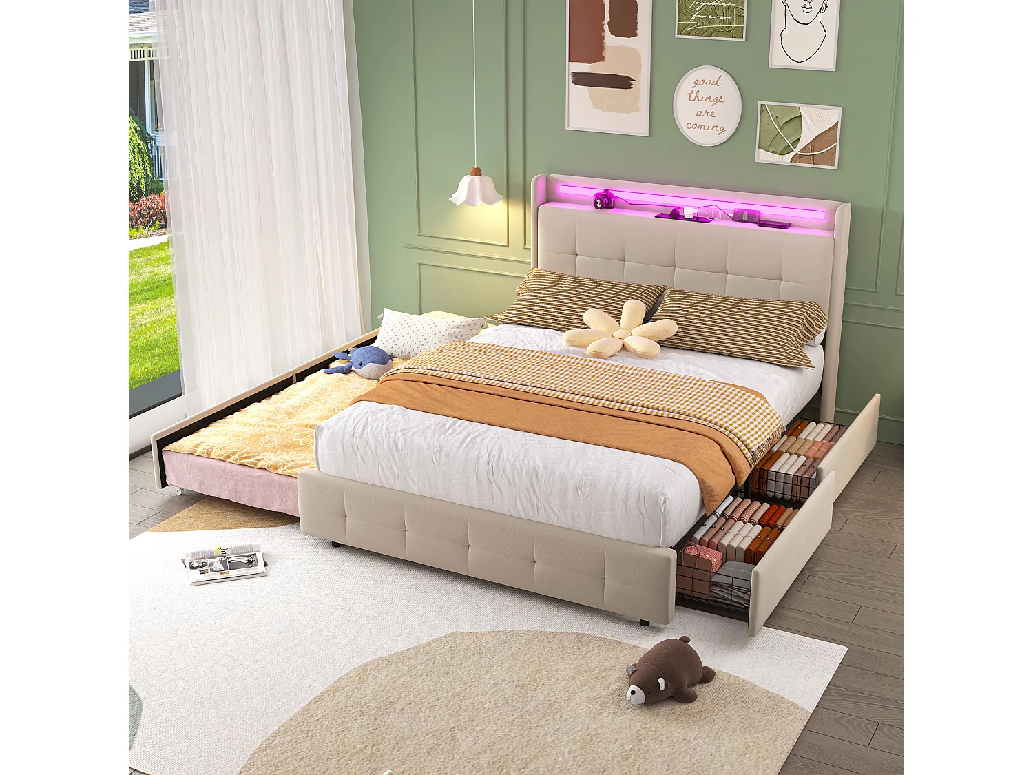 Lit double 140x200 cm en beige avec lit gigogne, USB, LED, 2 tiroirs et sommier à lattes, sans matelas