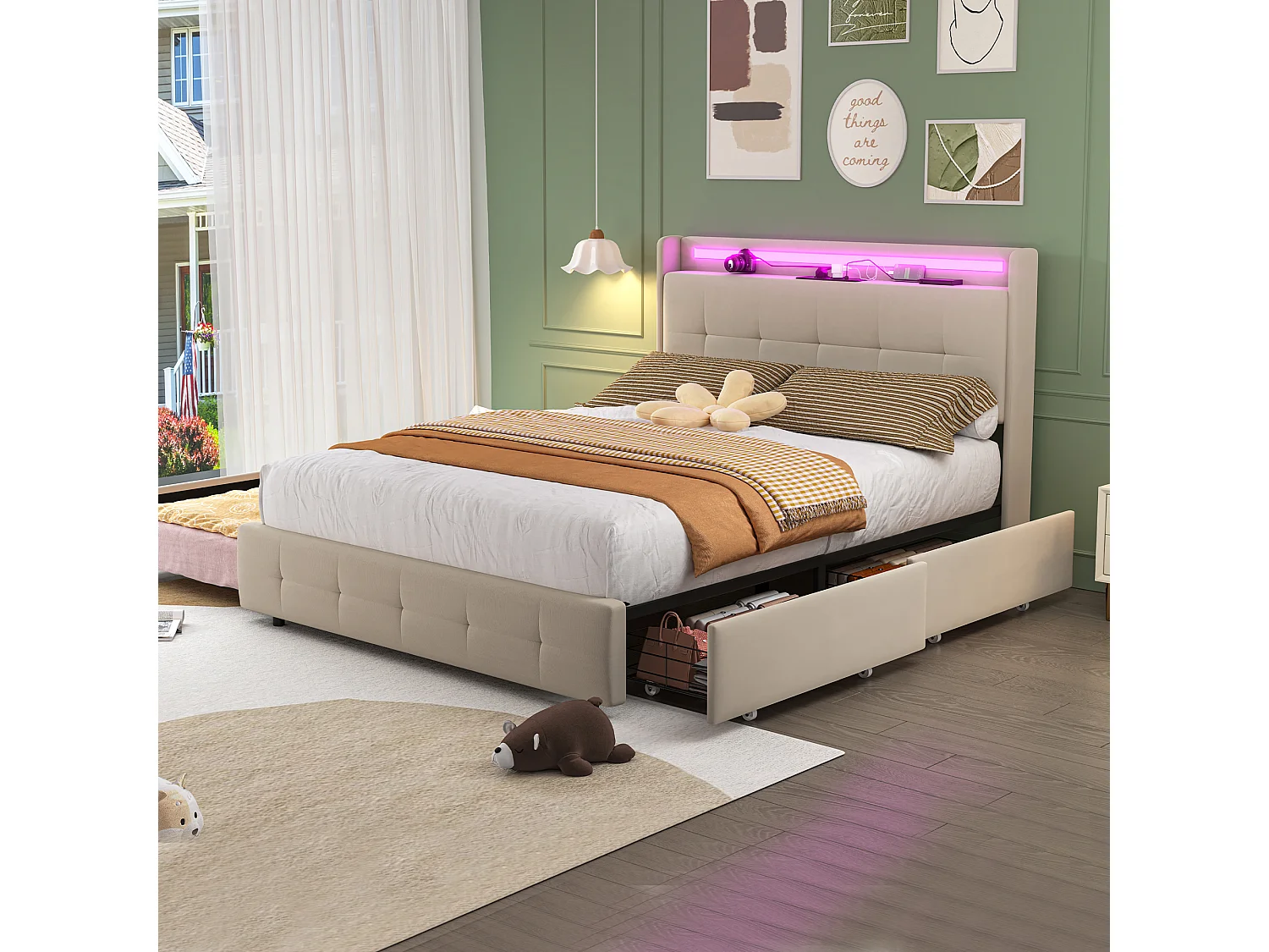 Lit double 140x200 cm en beige avec lit gigogne, USB, LED, 2 tiroirs et sommier à lattes, sans matelas