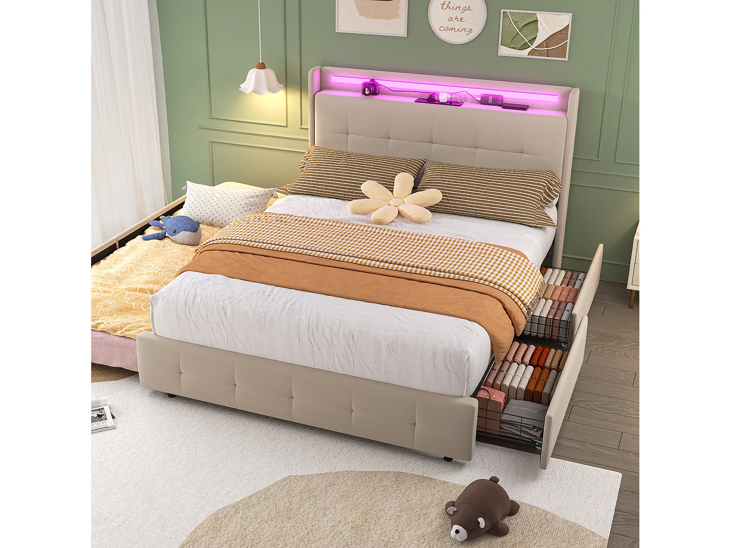 Lit double 140x200 cm en beige avec lit gigogne, USB, LED, 2 tiroirs et sommier à lattes, sans matelas