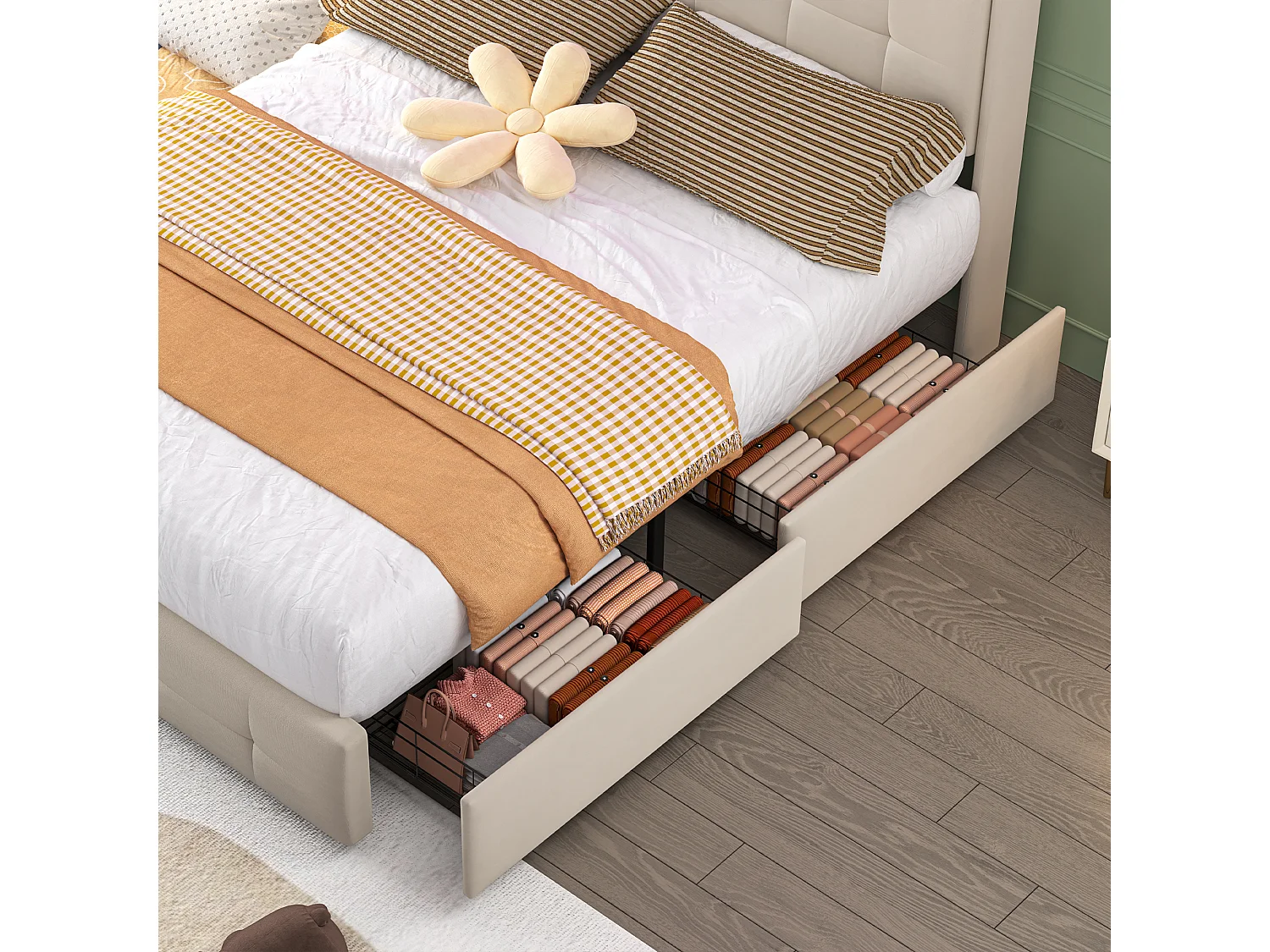 Lit double 140x200 cm en beige avec lit gigogne, USB, LED, 2 tiroirs et sommier à lattes, sans matelas