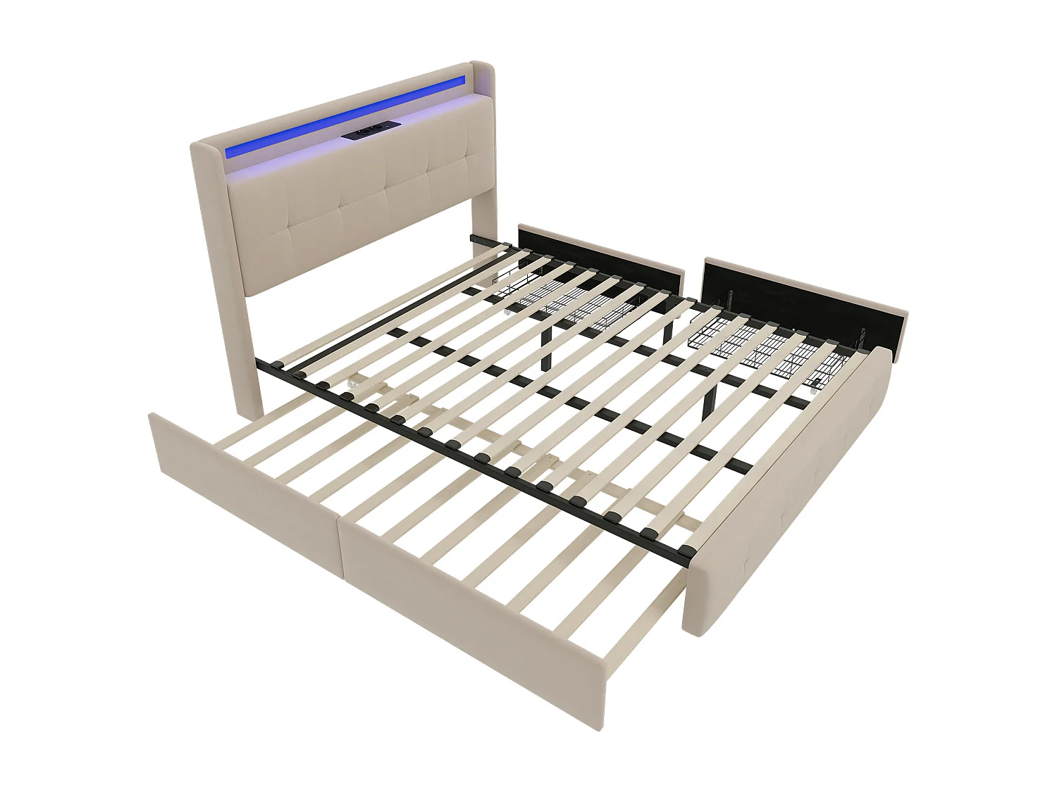 Lit double 140x200 cm en beige avec lit gigogne, USB, LED, 2 tiroirs et sommier à lattes, sans matelas