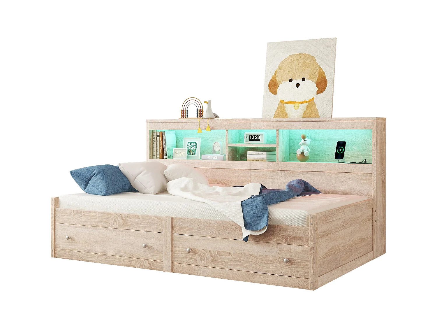 Lit enfant 90x200 cm avec 2 tiroirs, lit avec 2 USB et Éclairage d'ambiance, en bois naturel, sans matelas