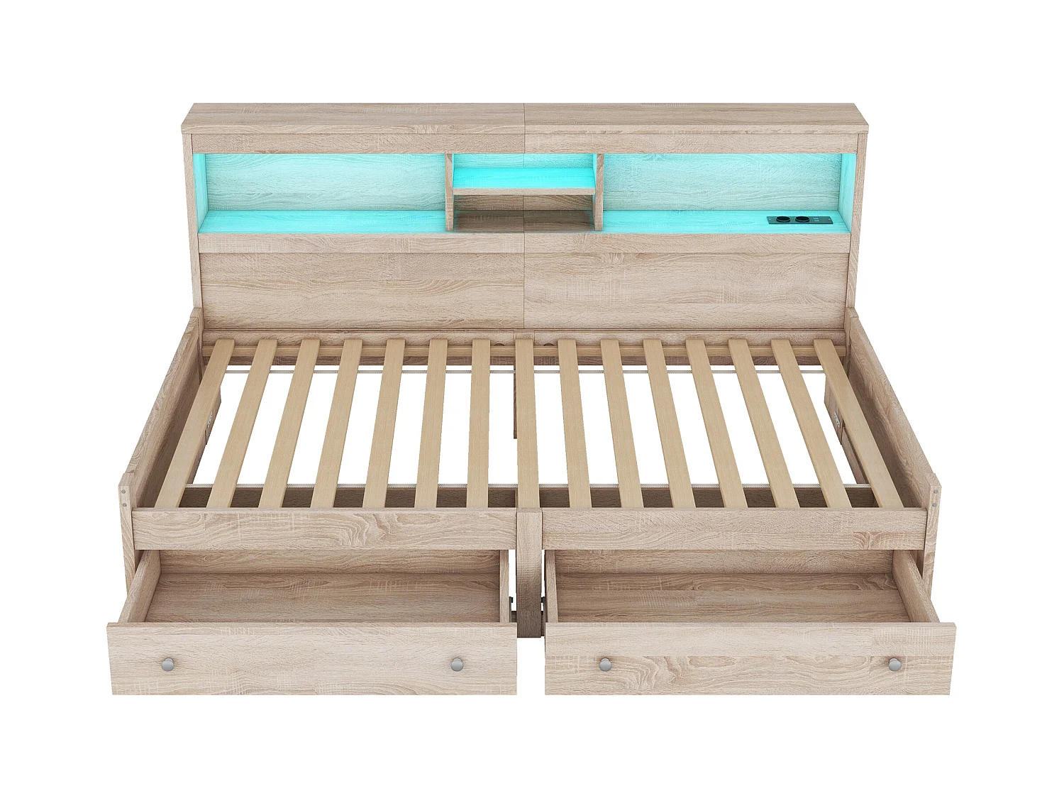 Lit enfant 90x200 cm avec 2 tiroirs, lit avec 2 USB et Éclairage d'ambiance, en bois naturel, sans matelas