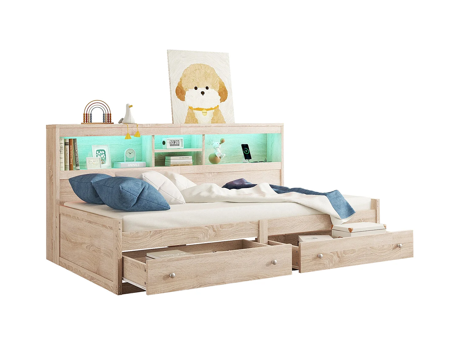 Cama baú 90x200 cm com 2 gavetas - cama com 2 USB e iluminação ambiente, madeira natural (sem colchão)