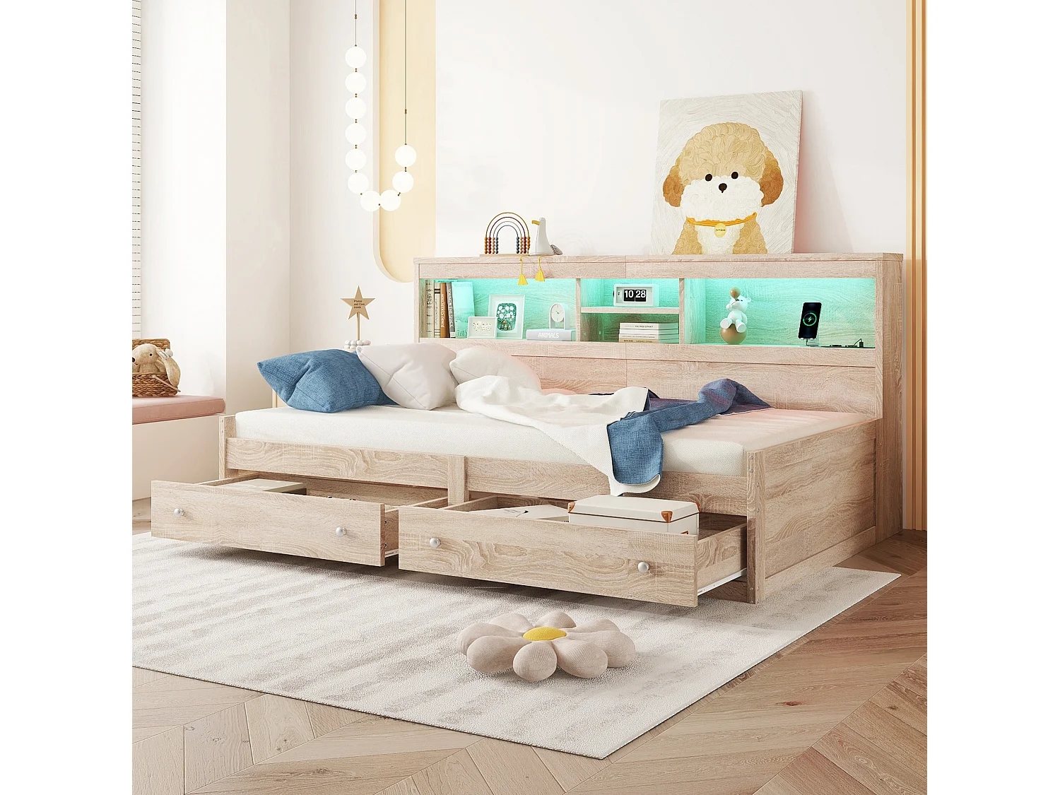 Lit enfant 90x200 cm avec 2 tiroirs, lit avec 2 USB et Éclairage d'ambiance, en bois naturel, sans matelas