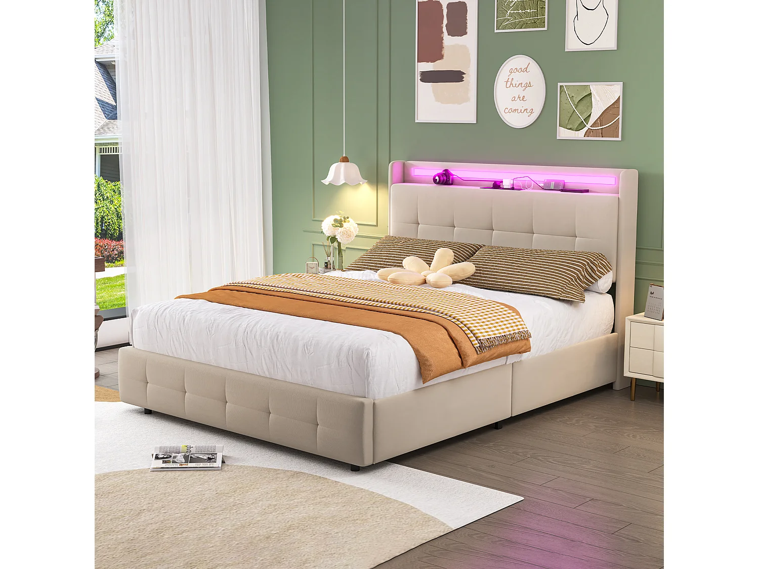 Lit double 160x200 cm en beige avec lit gigogne, USB, LED, 2 tiroirs et sommier à lattes, sans matelas