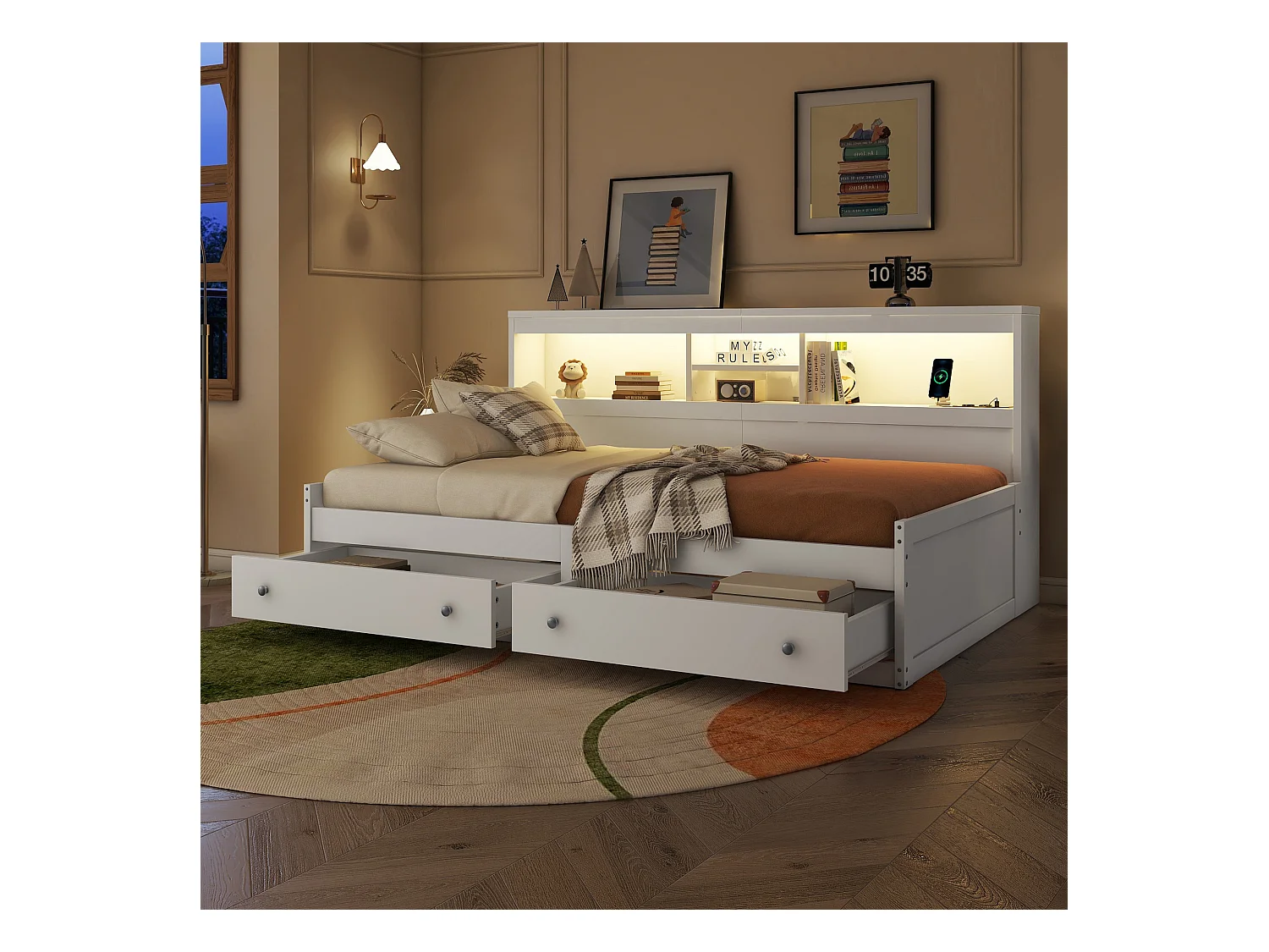 Cama sofá 90x200 cm blanca con 2 puertos USB, 2 enchufes, iluminación ambiental, 2 cajones (sin colchón)