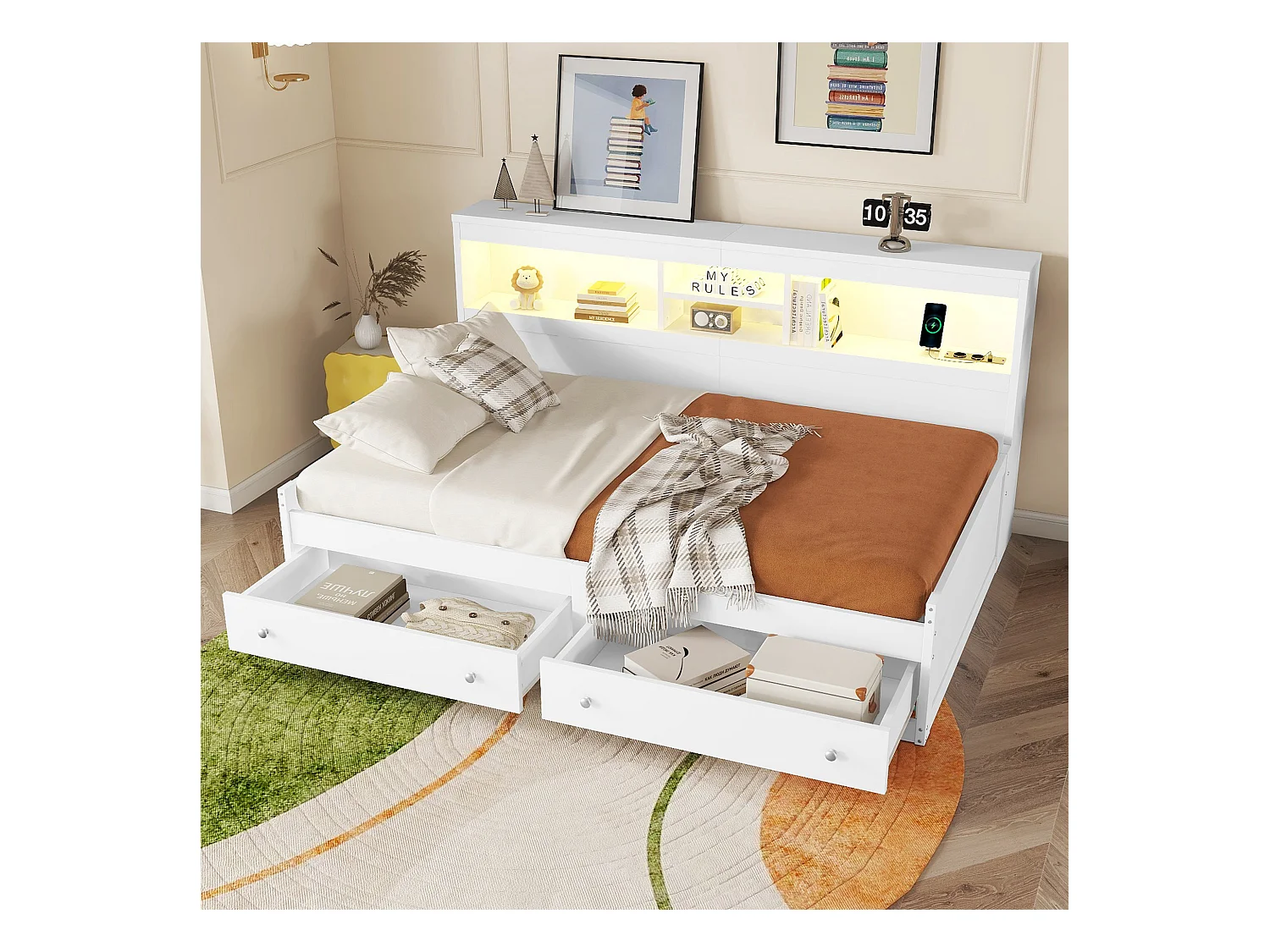 Cama sofá 90x200 cm blanca con 2 puertos USB, 2 enchufes, iluminación ambiental, 2 cajones (sin colchón)