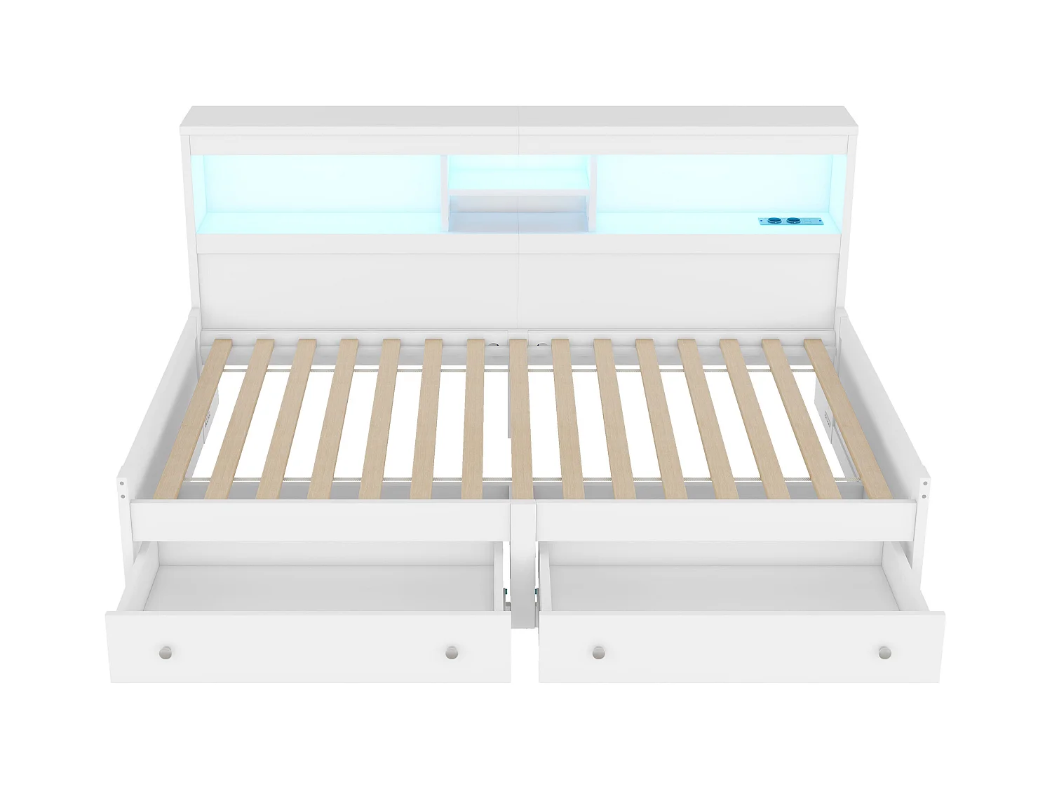 Cama sofá 90x200 cm blanca con 2 puertos USB, 2 enchufes, iluminación ambiental, 2 cajones (sin colchón)