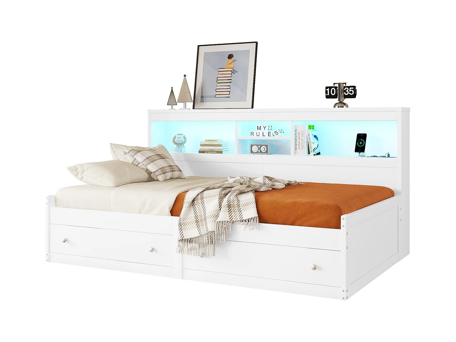 Cama sofá 90x200 cm blanca con 2 puertos USB, 2 enchufes, iluminación ambiental, 2 cajones (sin colchón)