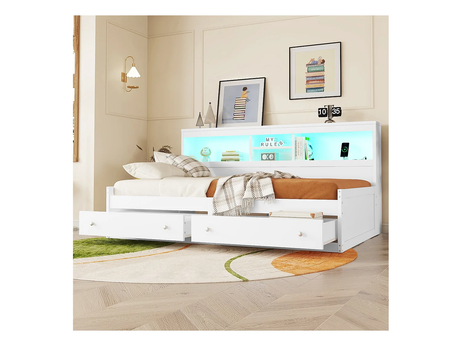 Cama sofá 90x200 cm blanca con 2 puertos USB, 2 enchufes, iluminación ambiental, 2 cajones (sin colchón)