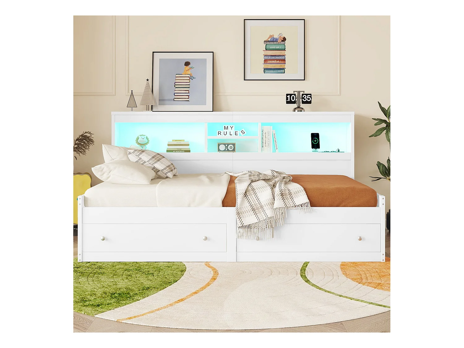 Cama sofá 90x200 cm blanca con 2 puertos USB, 2 enchufes, iluminación ambiental, 2 cajones (sin colchón)