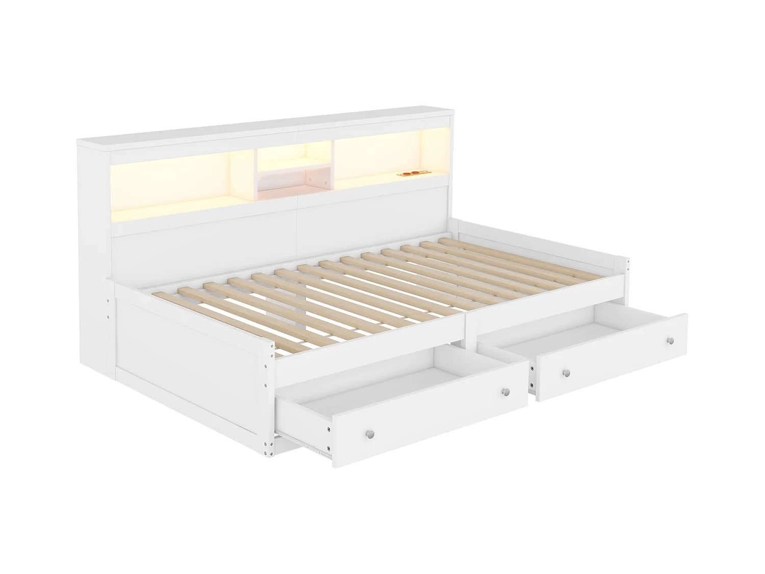 Cama sofá 90x200 cm blanca con 2 puertos USB, 2 enchufes, iluminación ambiental, 2 cajones (sin colchón)