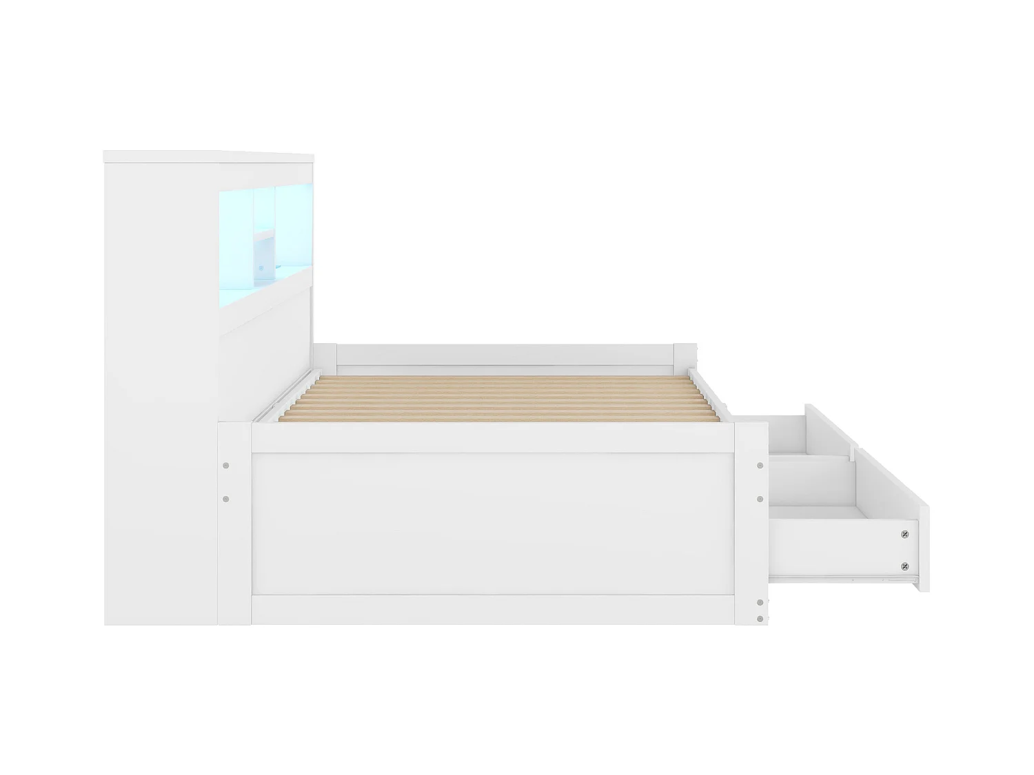 Lit enfant 90x200 cm avec 2 tiroirs, lit avec 2 USB et Éclairage d'ambiance, en bois blanc, sans matelas