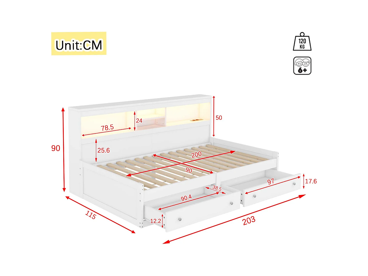 Lit enfant 90x200 cm avec 2 tiroirs, lit avec 2 USB et Éclairage d'ambiance, en bois blanc, sans matelas