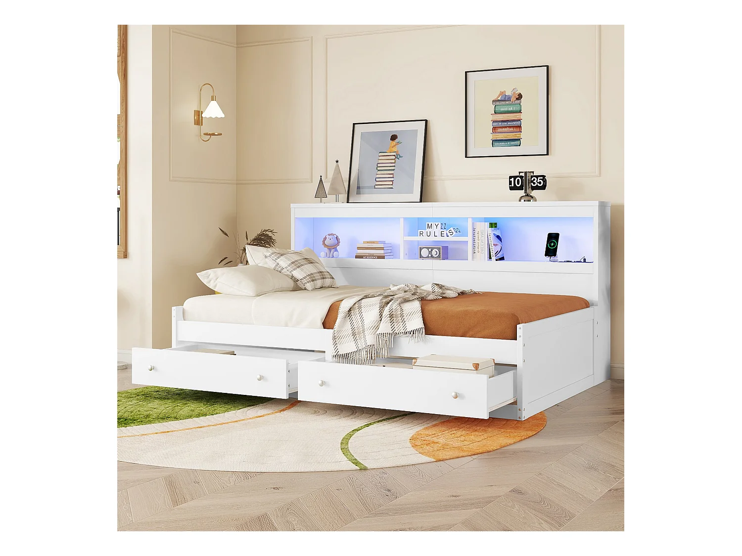 Lit enfant 90x200 cm avec 2 tiroirs, lit avec 2 USB et Éclairage d'ambiance, en bois blanc, sans matelas