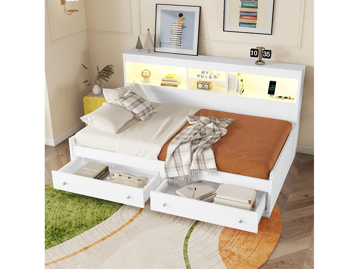 Lit enfant 90x200 cm avec 2 tiroirs, lit avec 2 USB et Éclairage d'ambiance, en bois blanc, sans matelas