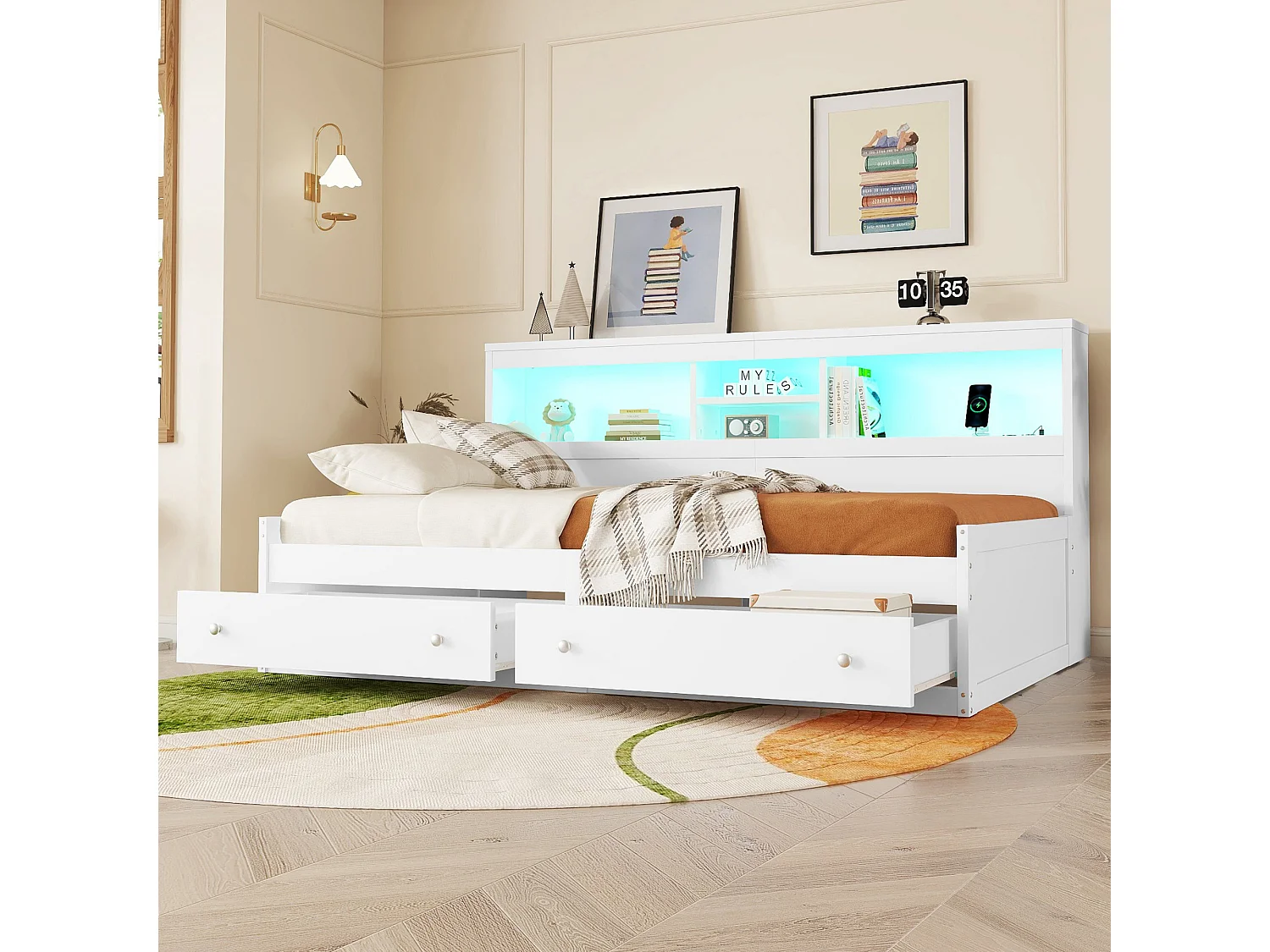 Lit enfant 90x200 cm avec 2 tiroirs, lit avec 2 USB et Éclairage d'ambiance, en bois blanc, sans matelas