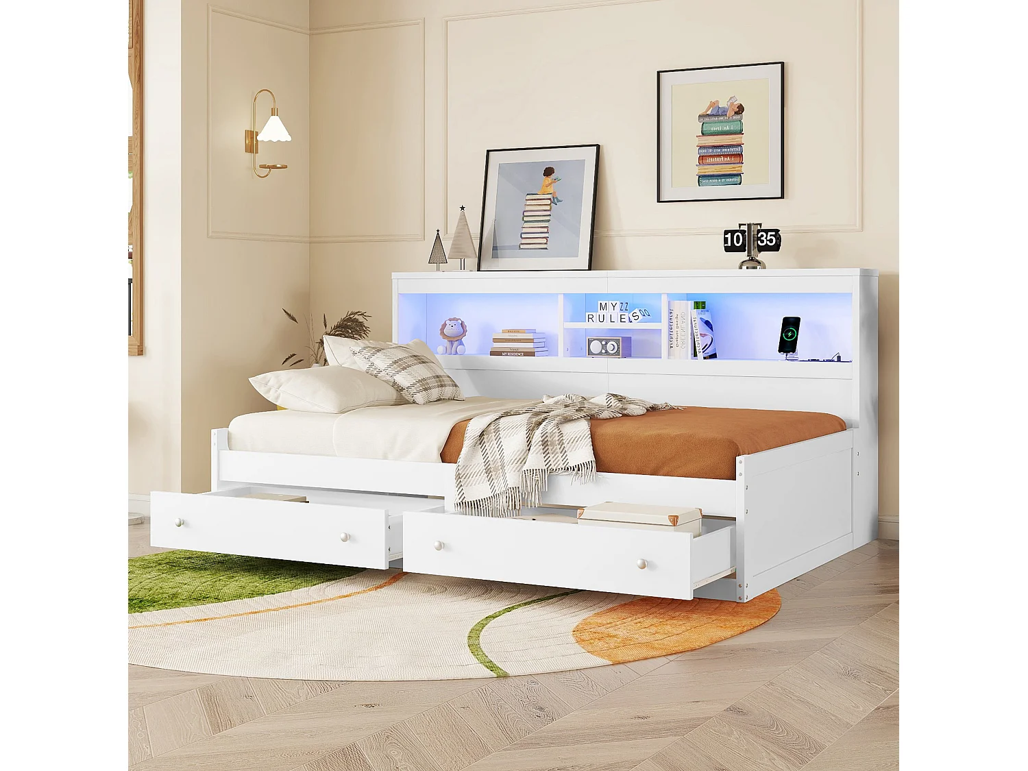 Lit enfant 90x200 cm avec 2 tiroirs, lit avec 2 USB et Éclairage d'ambiance, en bois blanc, sans matelas