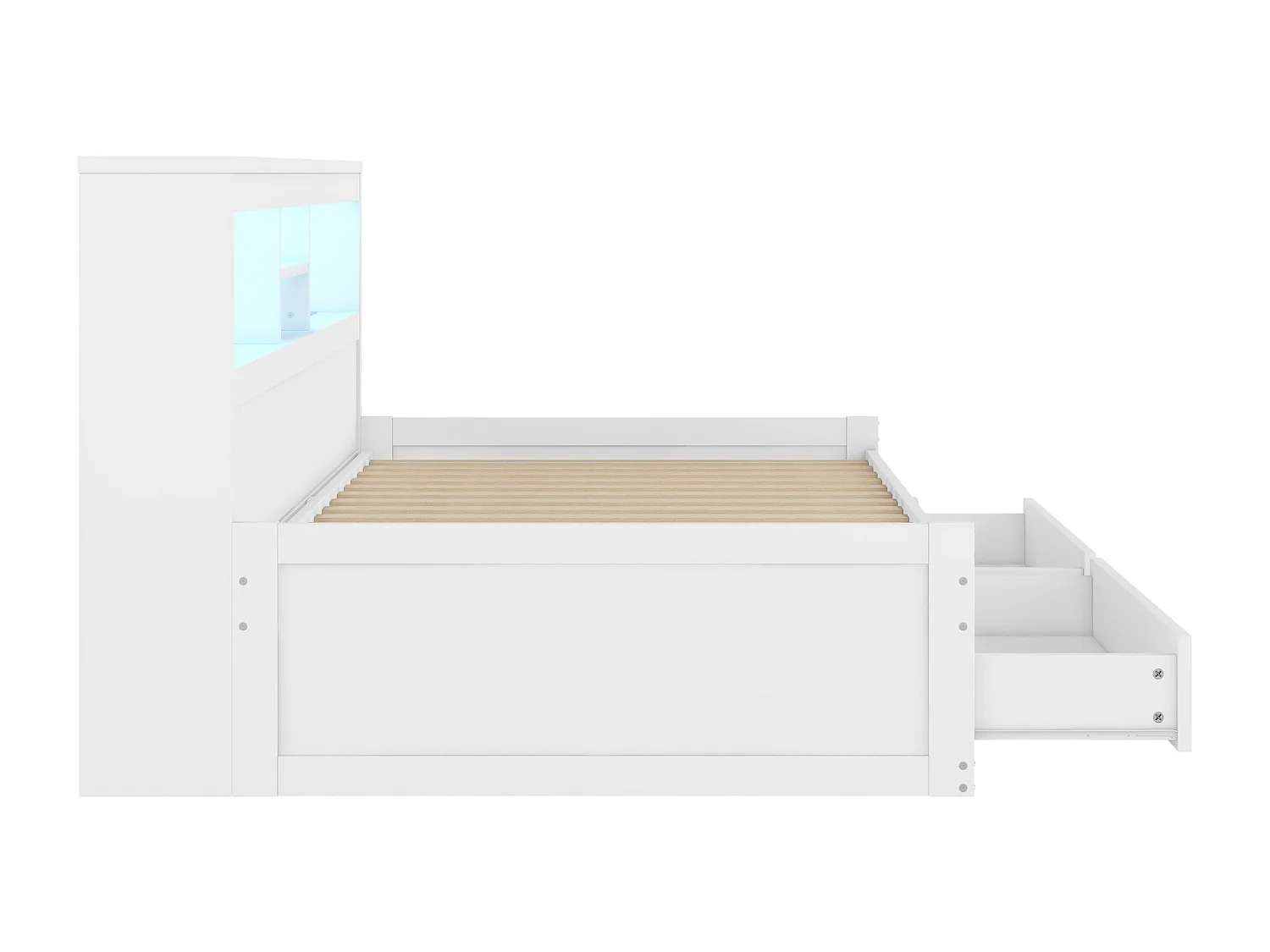Lit enfant 90x200 cm avec 2 tiroirs, lit avec 2 USB et Éclairage d'ambiance, en bois blanc, sans matelas