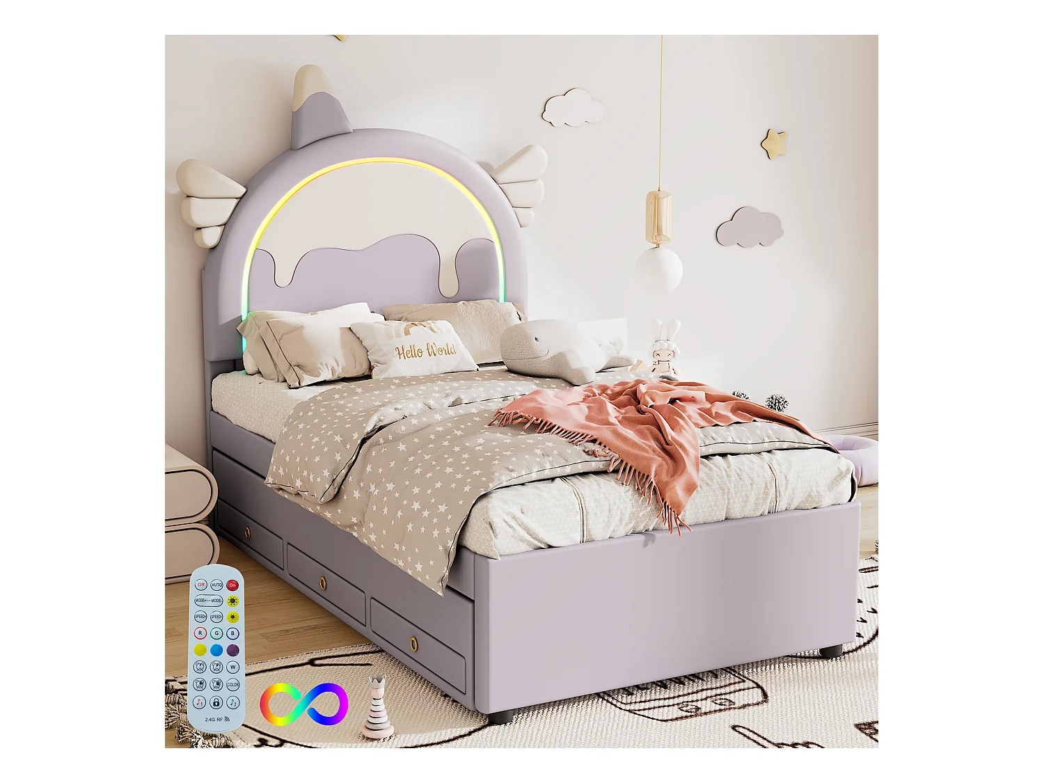 Lit gigogne enfant 90x200 cm en forme de licorne avec lit supplémentaire, en PU violet(sans matelas)