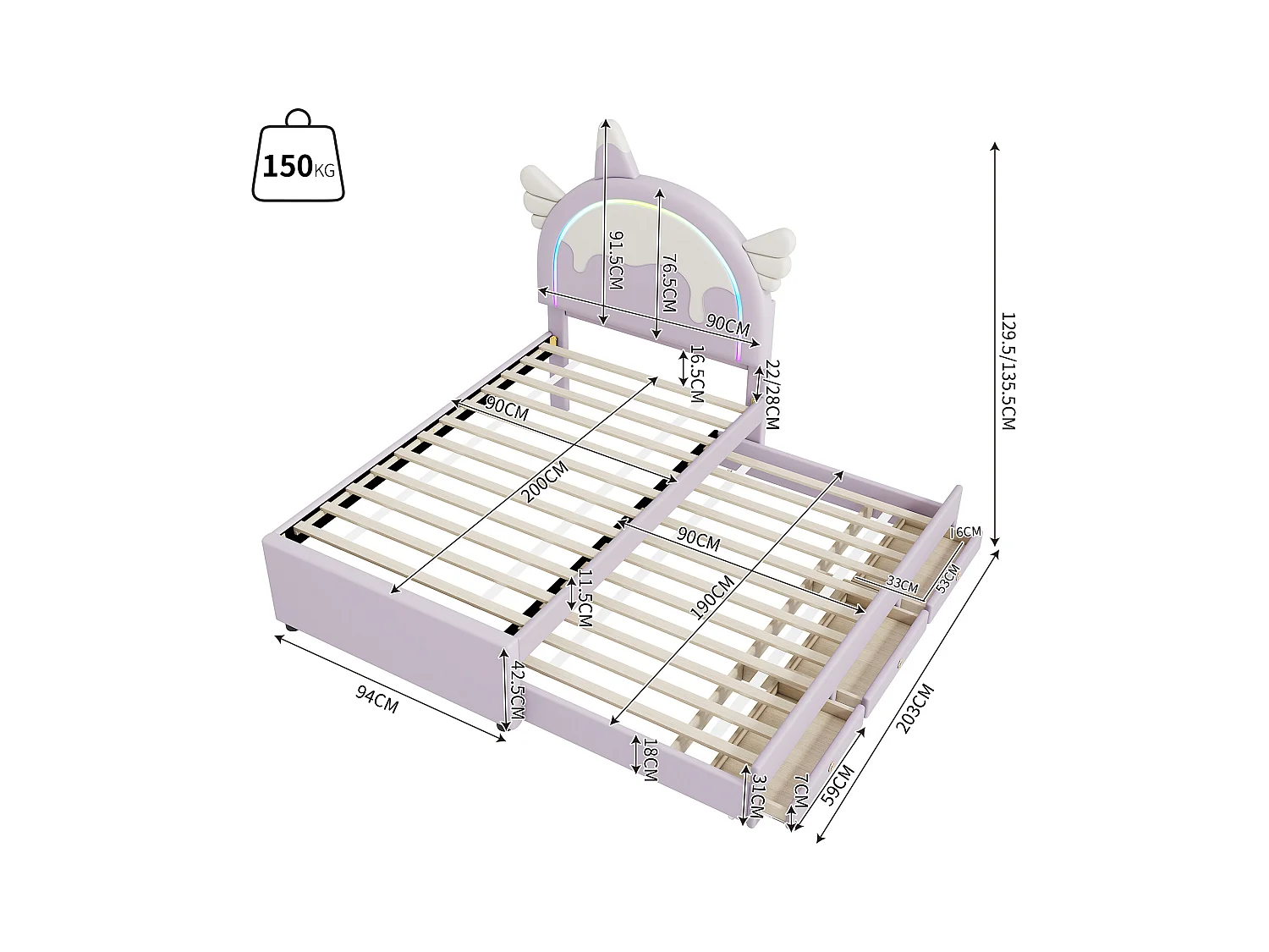 Lit gigogne enfant 90x200 cm en forme de licorne avec lit supplémentaire, en PU violet(sans matelas)