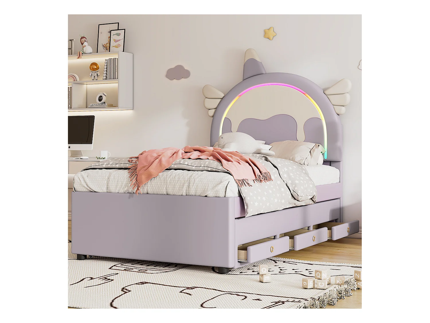 Lit gigogne enfant 90x200 cm en forme de licorne avec lit supplémentaire, en PU violet(sans matelas)