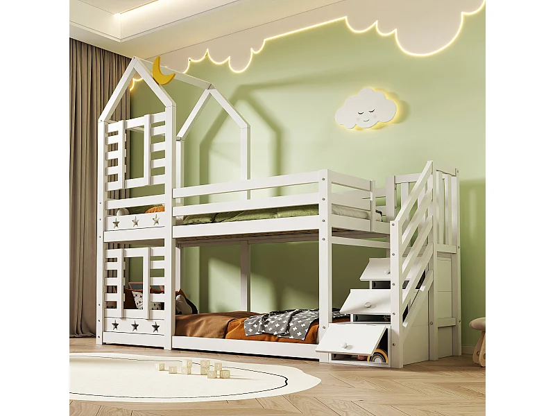 Huis stapelbed 90x200 cm - Versterkte veiligheid - Wit (zonder matras)