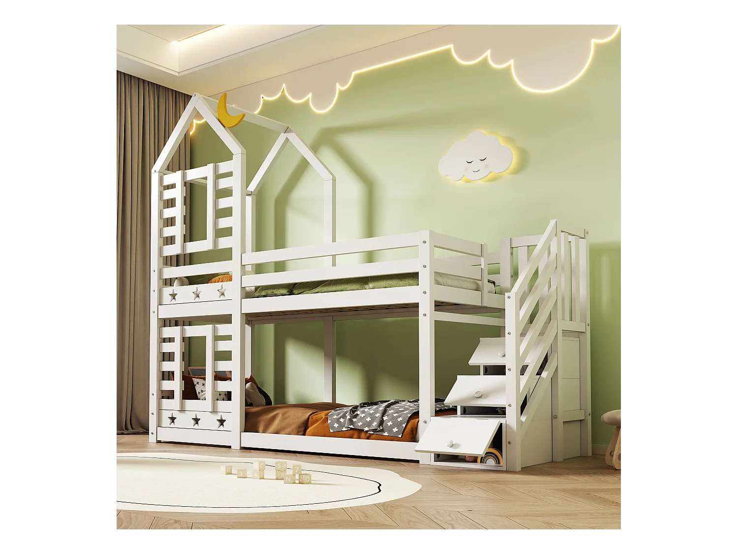 Lit superposé cabane 90x200 cm - Sécurité renforcée - Blanc (sans matelas)